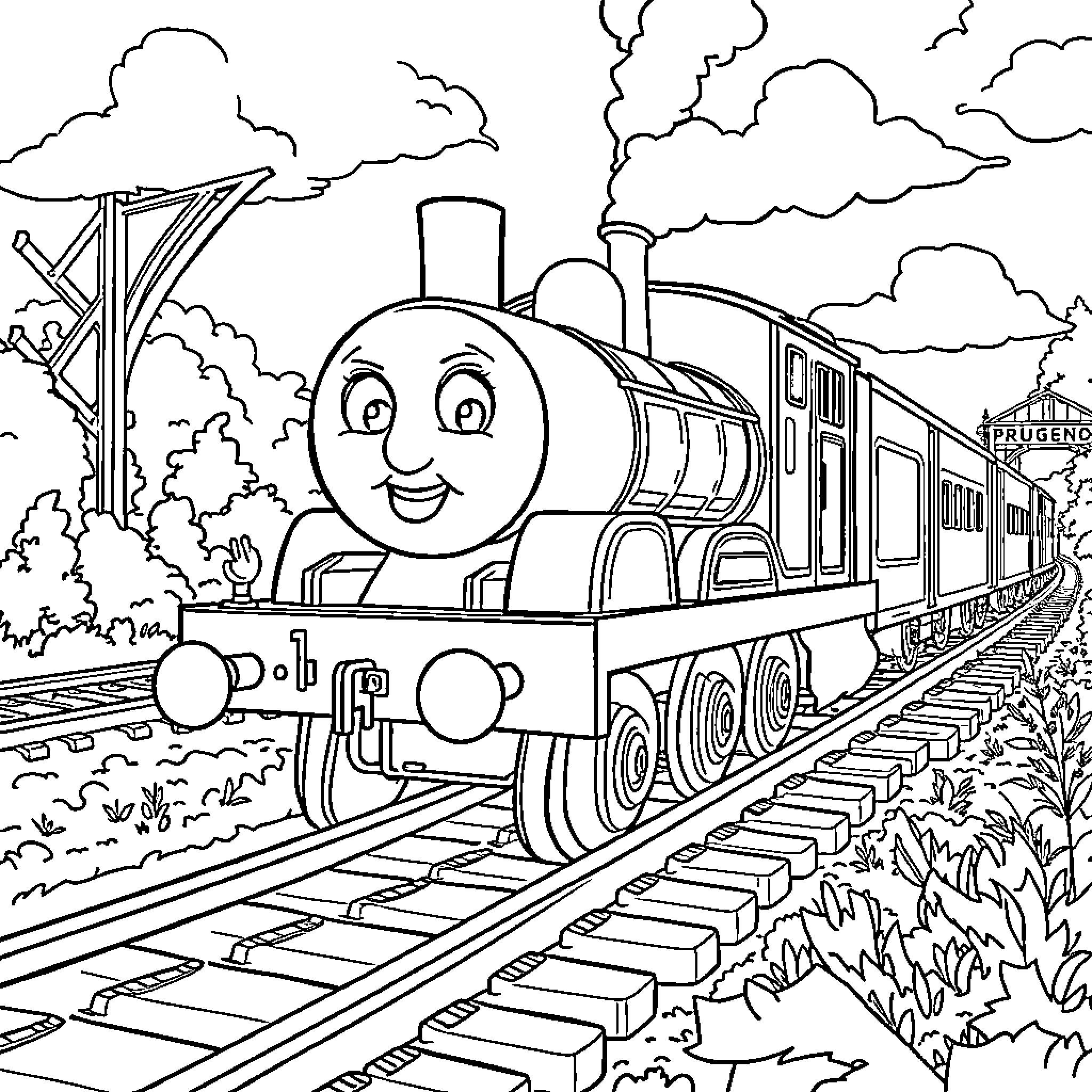 Magic Lady on a Joyful Train Adventure Coloring Page (free black-and-white line drawing printable PDF for all, from beginners to advanced learners, including children, teens, adults, and seniors)