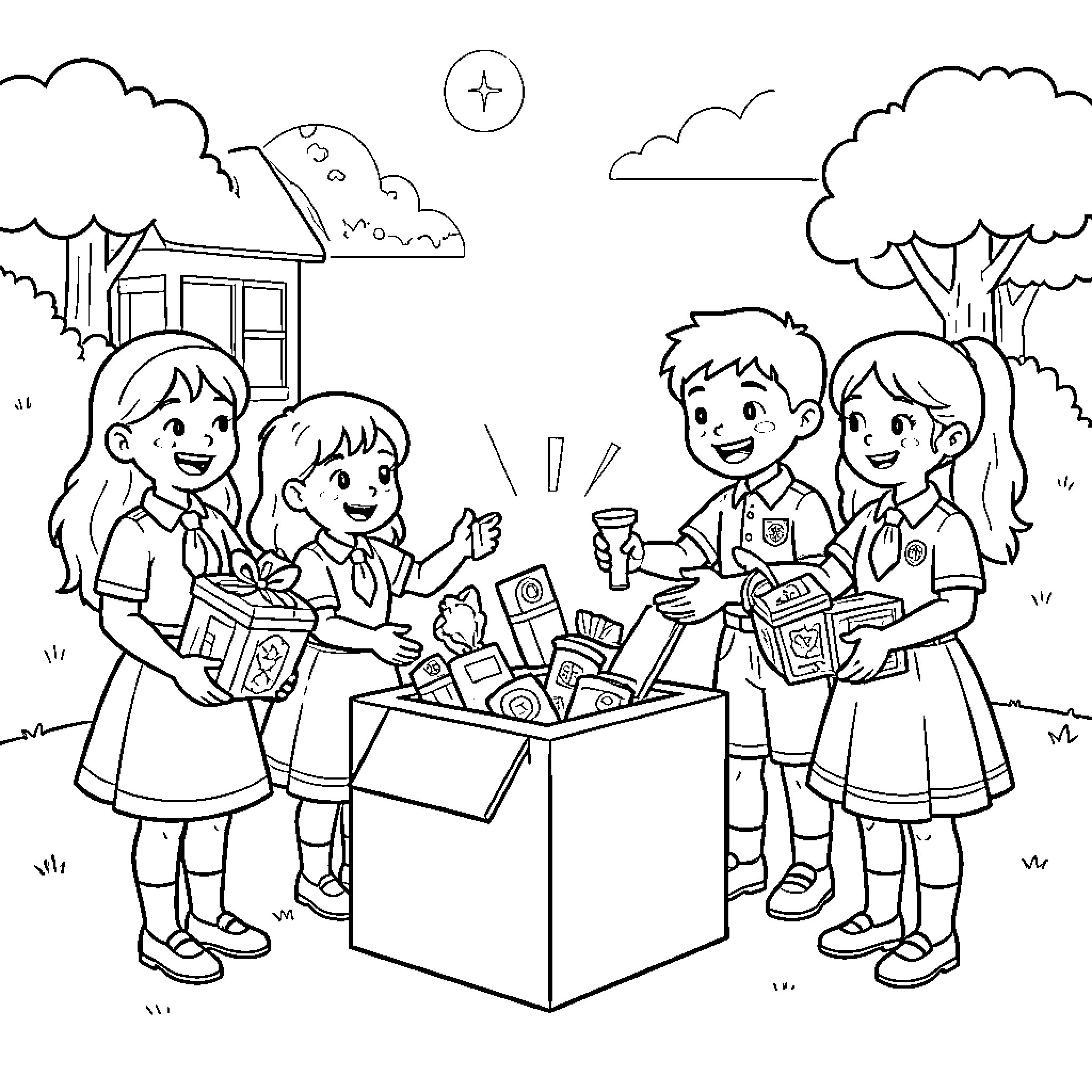 Rainbow Guide Sharing School Supplies Happily Coloring Page (free black-and-white line drawing printable PDF for all, from beginners to advanced learners, including children, teens, adults, and seniors)