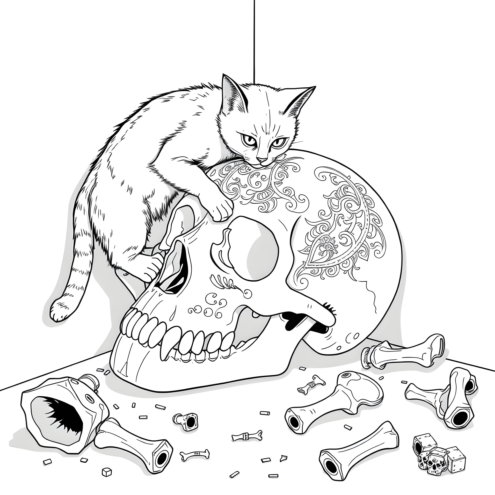 Cat lounging on ornate skull Coloring Page (free black-and-white line drawing printable PDF for all, from beginners to advanced learners, including children, teens, adults, and seniors)