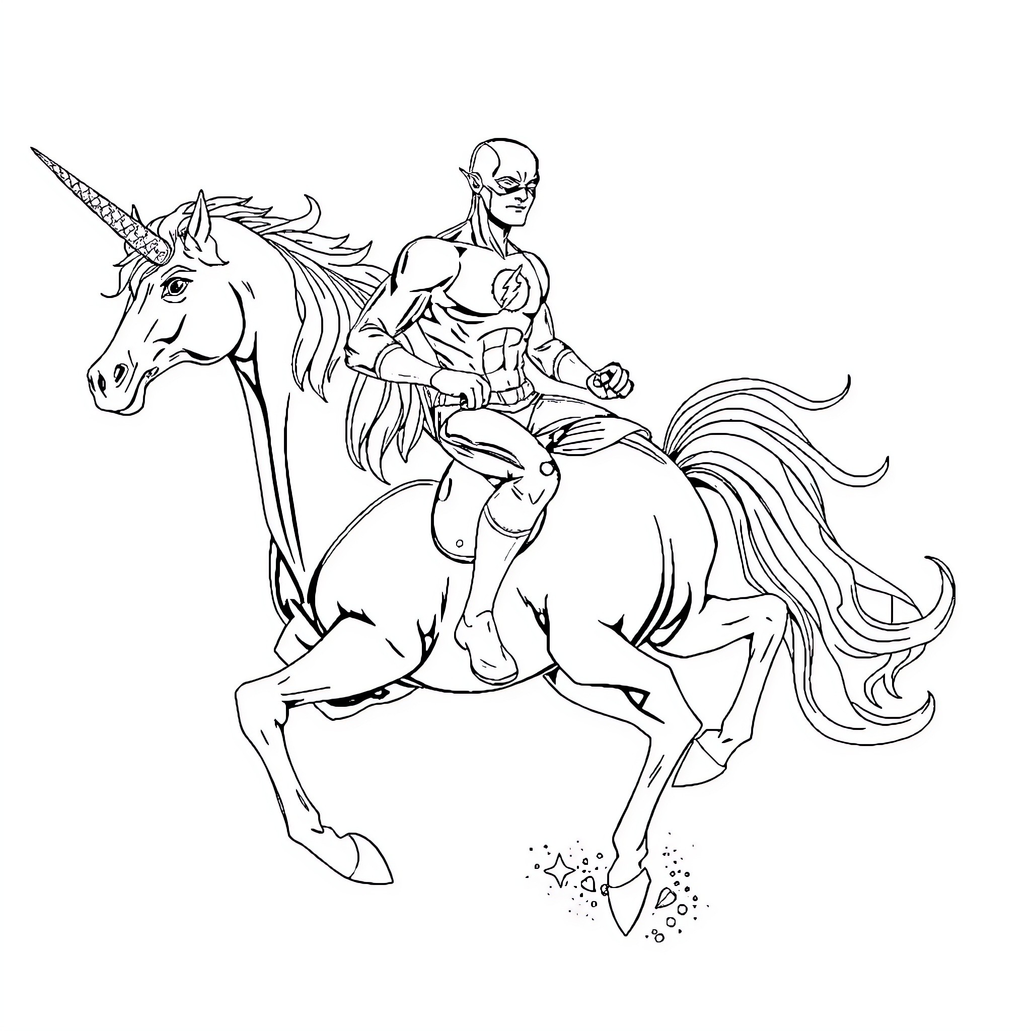 Flash rides unicorn in heroic pose Coloring Page (free black-and-white line drawing printable PDF for all, from beginners to advanced learners, including children, teens, adults, and seniors)