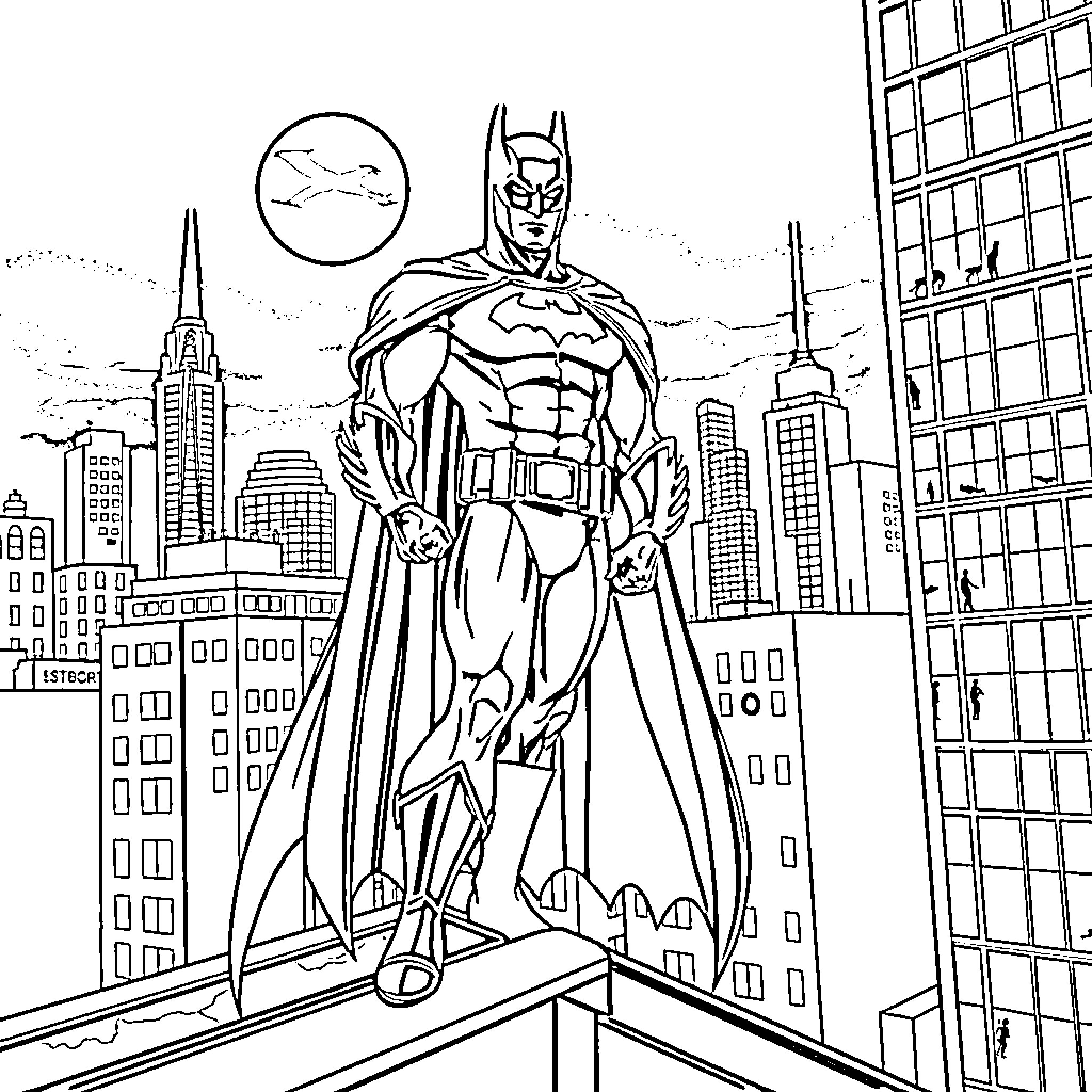 Batman overlooking the city Coloring Page (free black-and-white line drawing printable PDF for all, from beginners to advanced learners, including children, teens, adults, and seniors)
