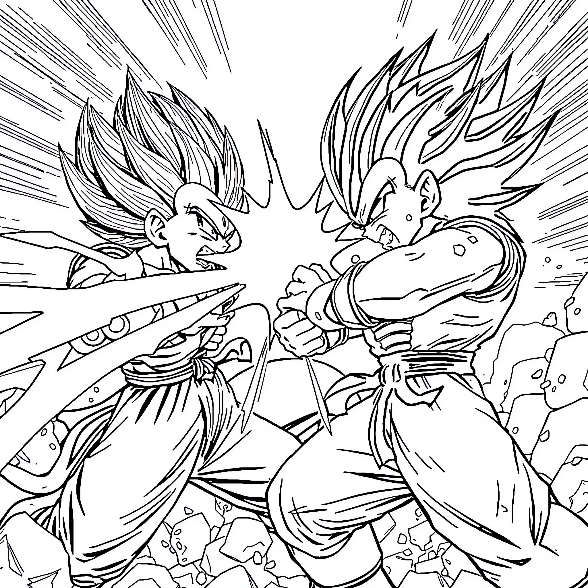 Vegeta engaging in intense battle with adversary Coloring Page (free black-and-white line drawing printable PDF for all, from beginners to advanced learners, including children, teens, adults, and seniors)