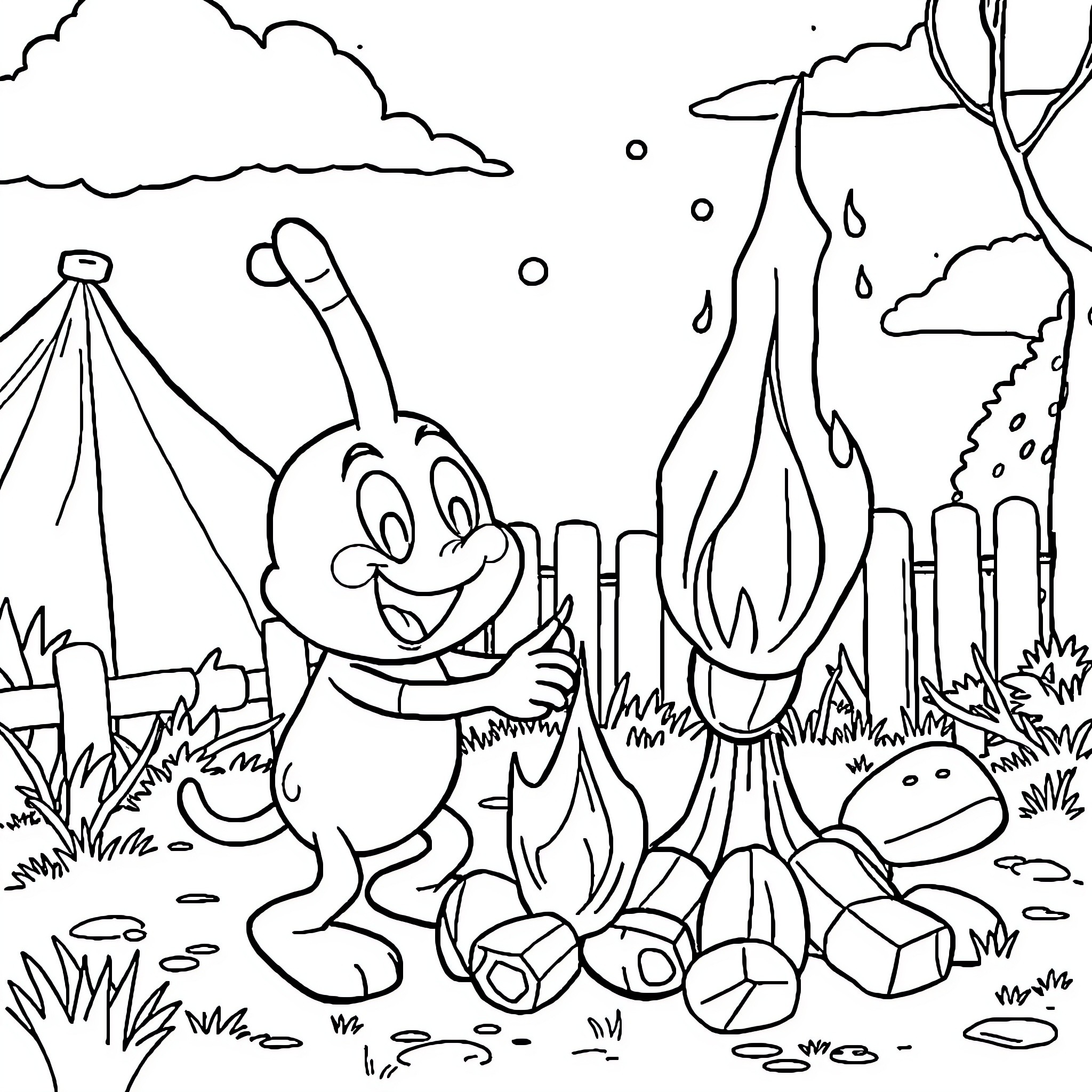 Blippi camping with friends in the forest Coloring Page (free black-and-white line drawing printable PDF for all, from beginners to advanced learners, including children, teens, adults, and seniors)