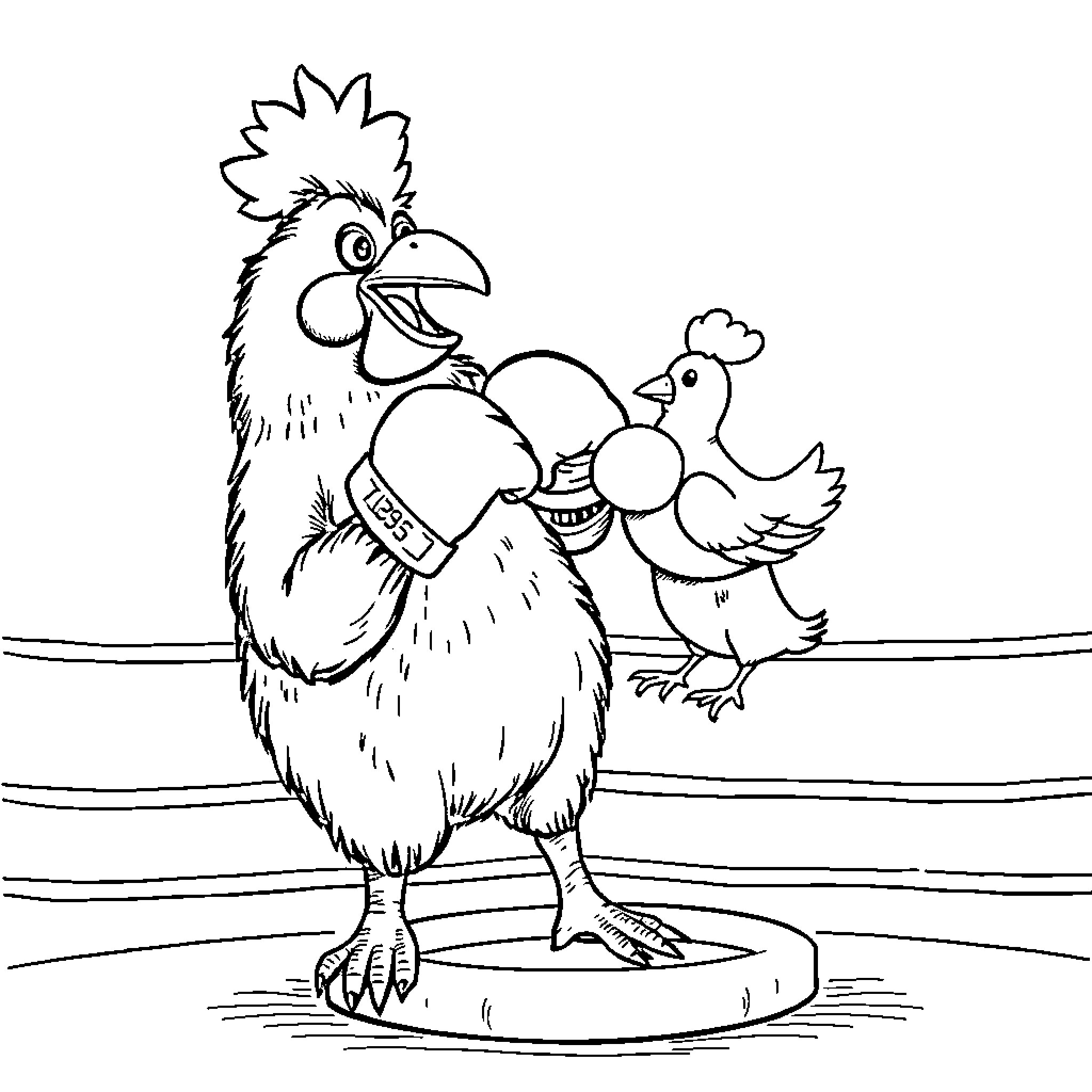 Cow and chick standing on a platform Coloring Page (free black-and-white line drawing printable PDF for all, from beginners to advanced learners, including children, teens, adults, and seniors)