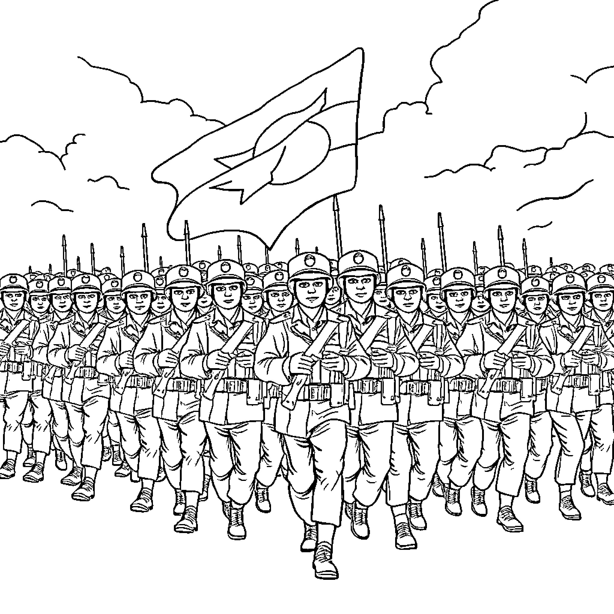 Army soldiers marching with flag in the background Coloring Page (free black-and-white line drawing printable PDF for all, from beginners to advanced learners, including children, teens, adults, and seniors)