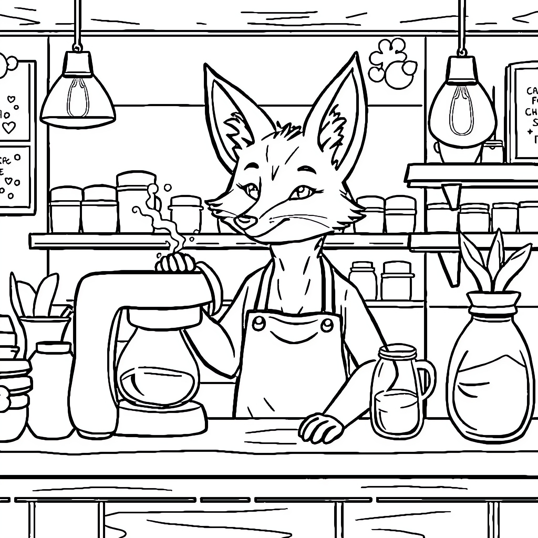 Fox working in a cozy kitchen Coloring Page (free black-and-white line drawing printable PDF for all, from beginners to advanced learners, including children, teens, adults, and seniors)