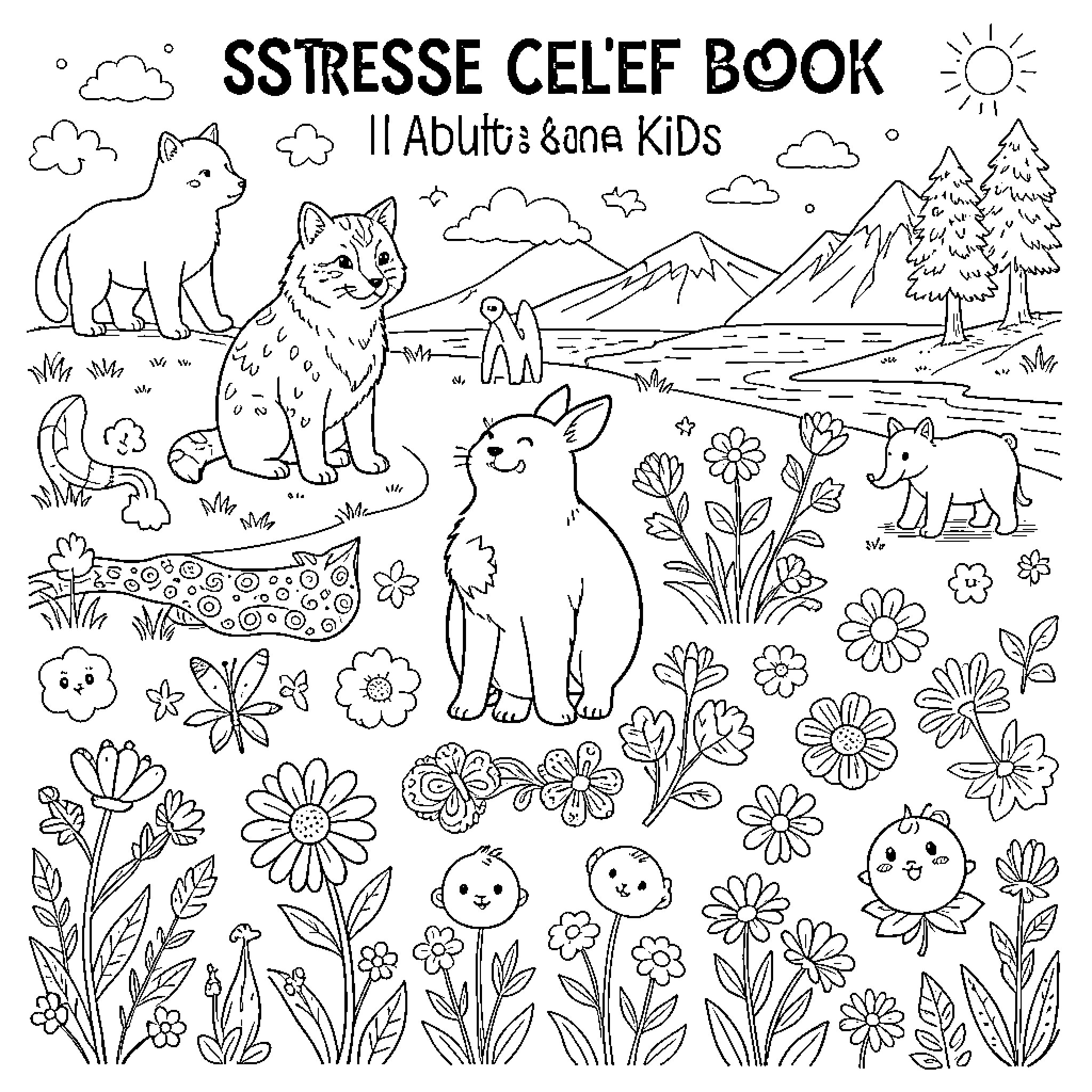 Animal friends enjoying a peaceful day in nature Coloring Page (free black-and-white line drawing printable PDF for all, from beginners to advanced learners, including children, teens, adults, and seniors)