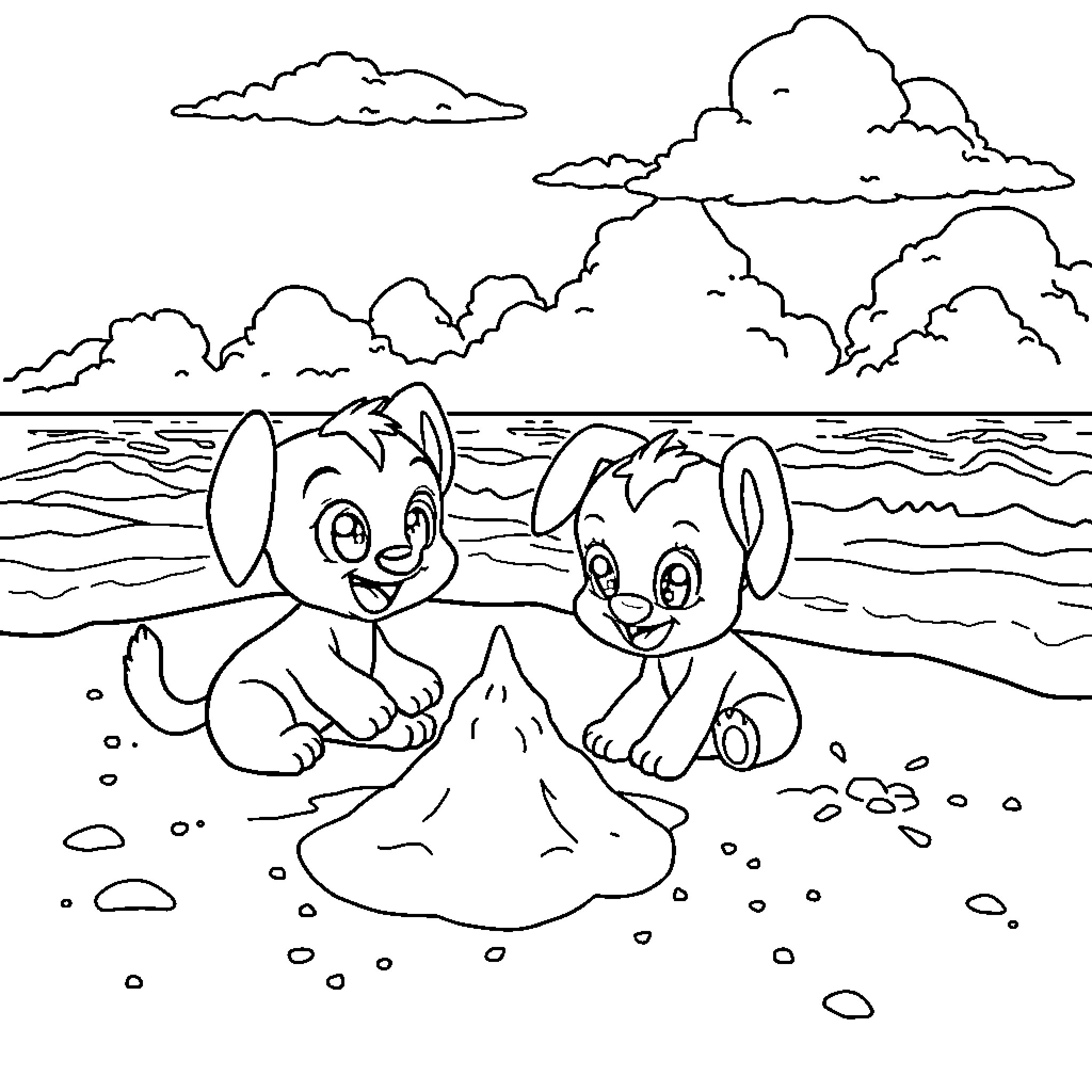 Bluey and Bingo Playing Happily on the Beach Coloring Page (free black-and-white line drawing printable PDF for all, from beginners to advanced learners, including children, teens, adults, and seniors)