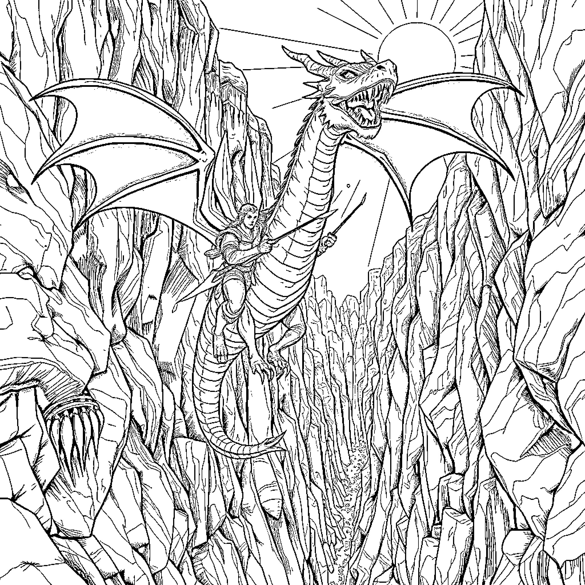 Dragon taking flight through a rocky landscape Coloring Page (free black-and-white line drawing printable PDF for all, from beginners to advanced learners, including children, teens, adults, and seniors)