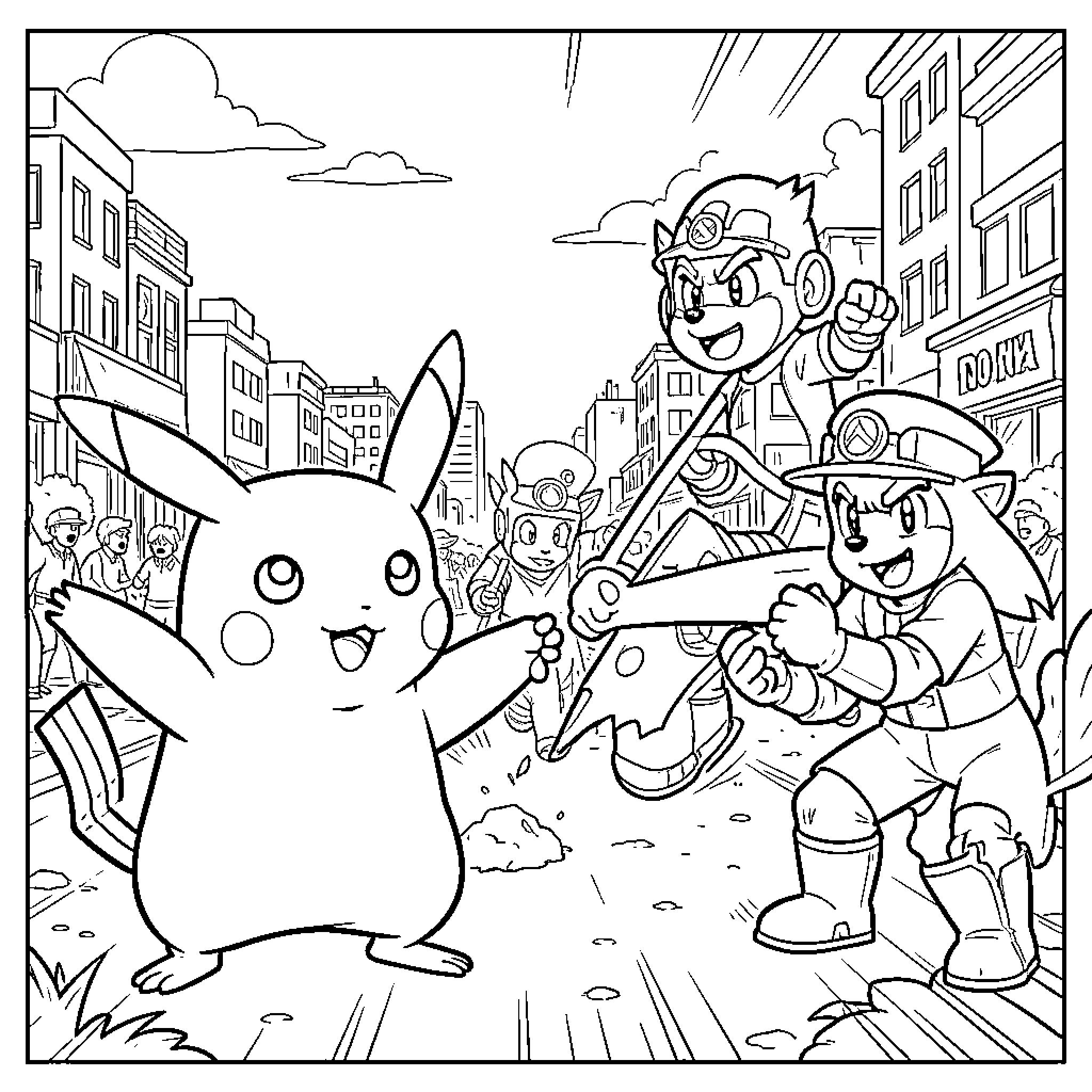 Pikachu celebrating joyfully with other Pokémon characters in a city Coloring Page (free black-and-white line drawing printable PDF for all, from beginners to advanced learners, including children, teens, adults, and seniors)