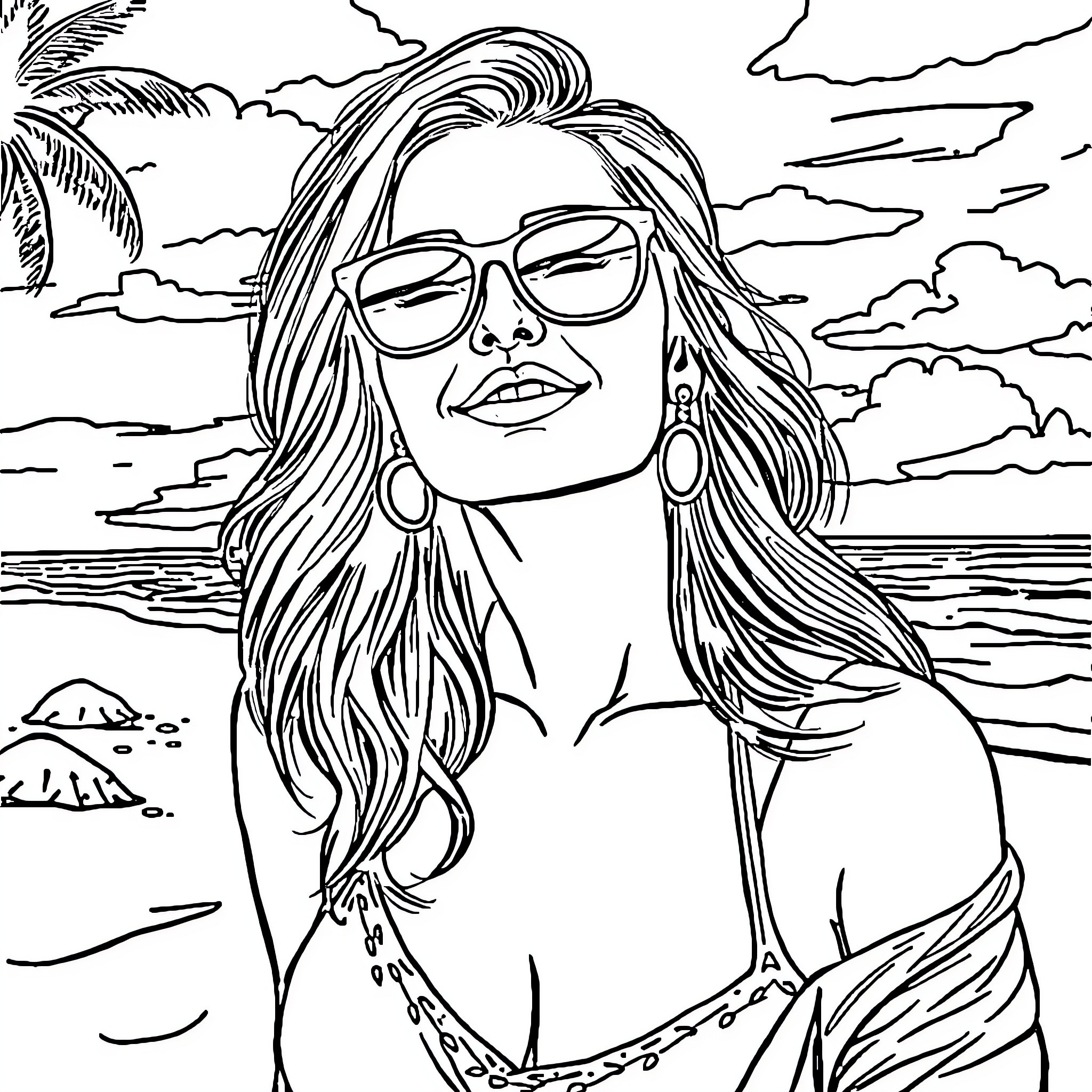 Kendra relaxing on the beach Coloring Page (free black-and-white line drawing printable PDF for all, from beginners to advanced learners, including children, teens, adults, and seniors)