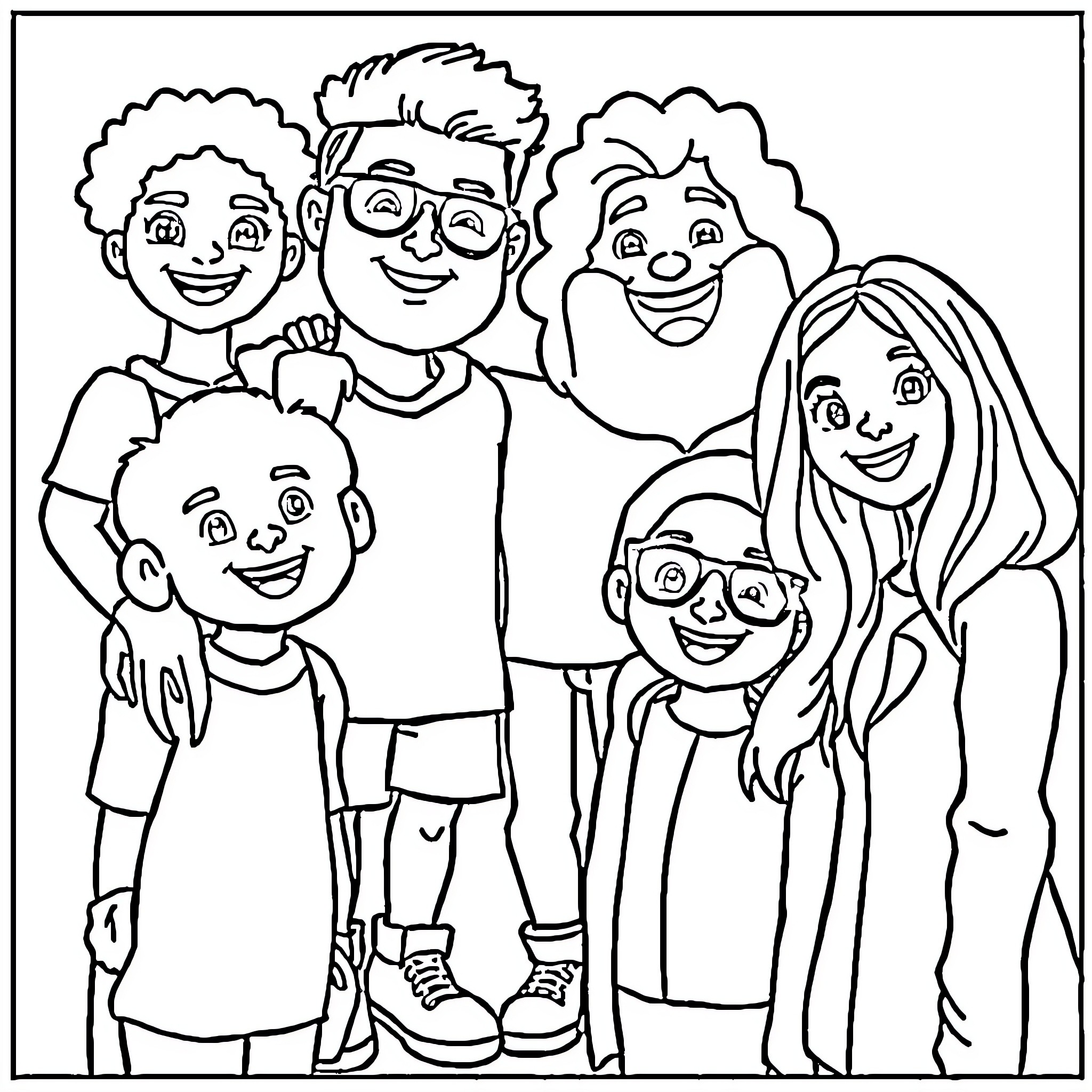 Cartoon family with smiling expressions and casual outfits Coloring Page (free black-and-white line drawing printable PDF for all, from beginners to advanced learners, including children, teens, adults, and seniors)