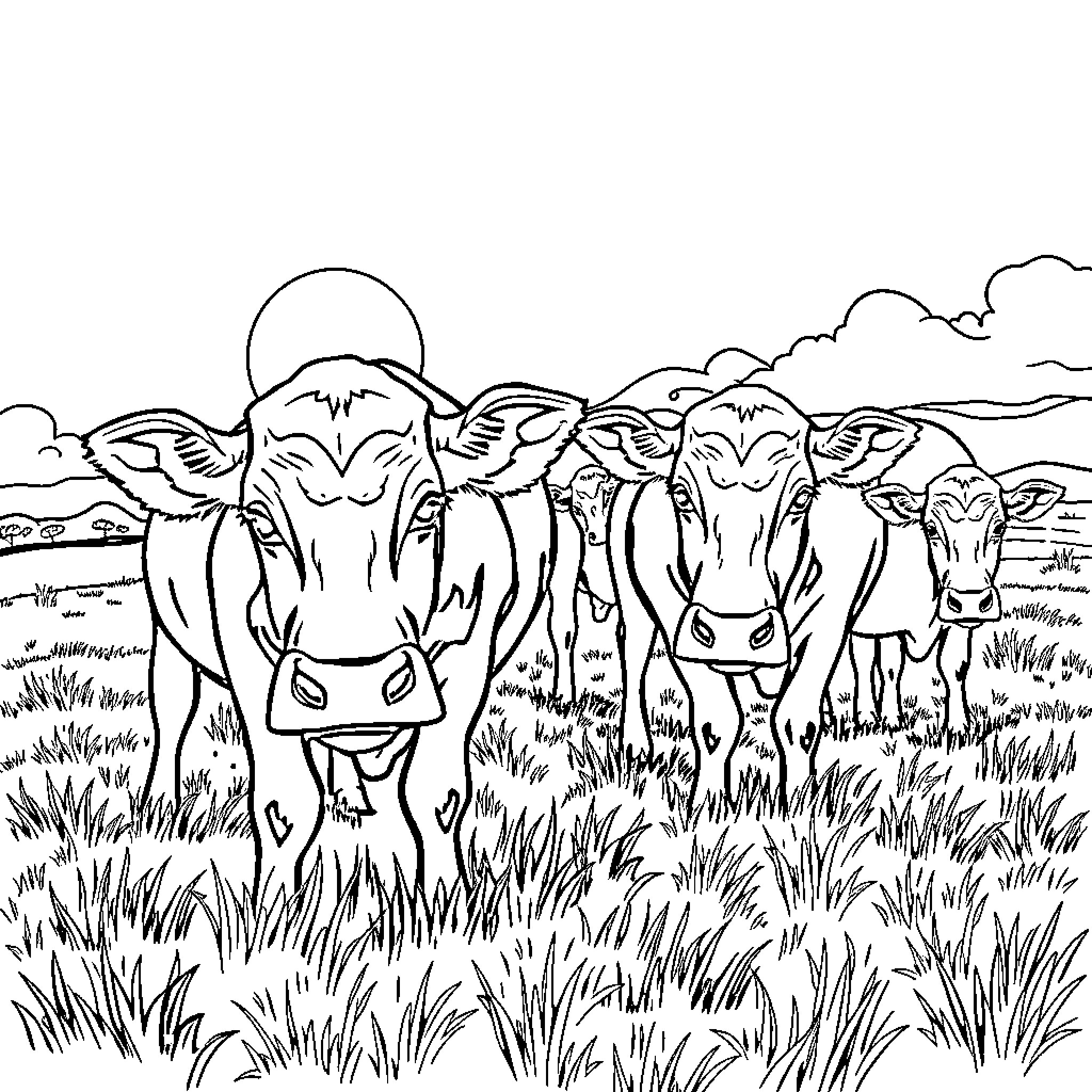Cows grazing peacefully in a field Coloring Page (free black-and-white line drawing printable PDF for all, from beginners to advanced learners, including children, teens, adults, and seniors)
