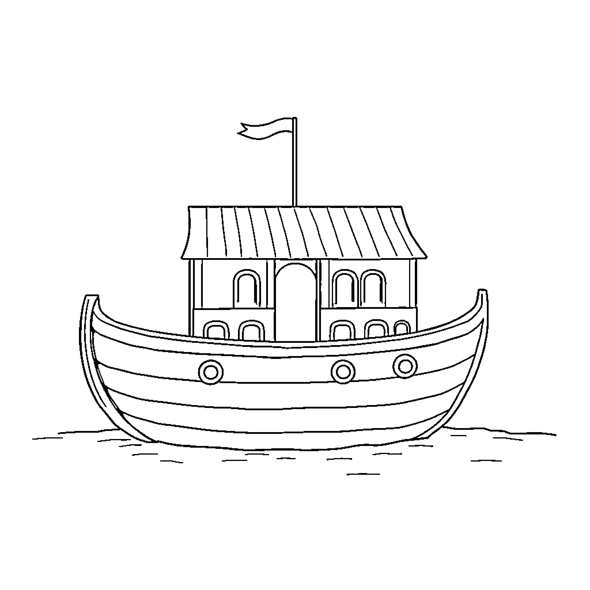 Noah's Ark: A Boat Floating on the Waves Coloring Page (free black-and-white line drawing printable PDF for all, from beginners to advanced learners, including children, teens, adults, and seniors)