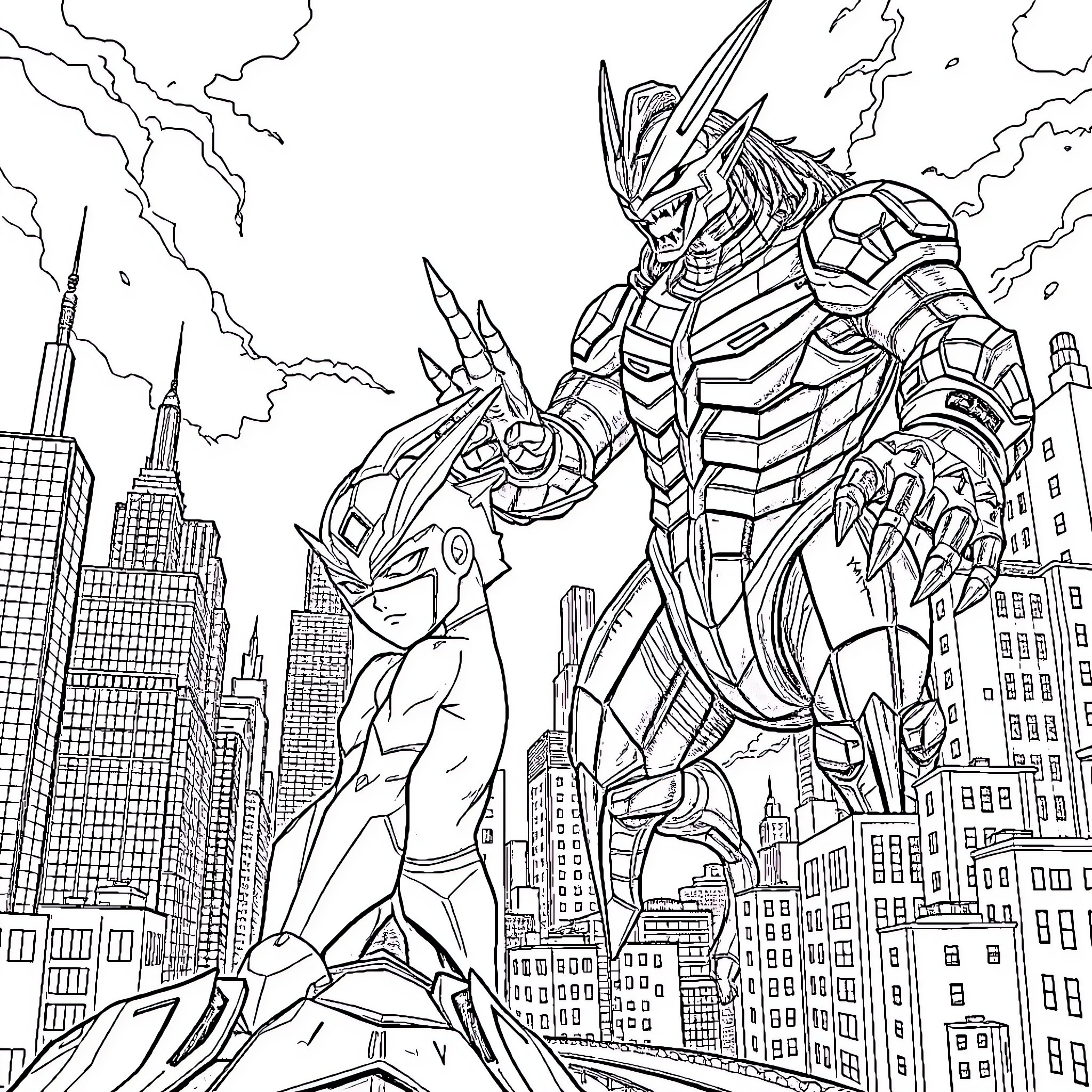 Ultraman battling a colossal robotic foe in the city Coloring Page (free black-and-white line drawing printable PDF for all, from beginners to advanced learners, including children, teens, adults, and seniors)