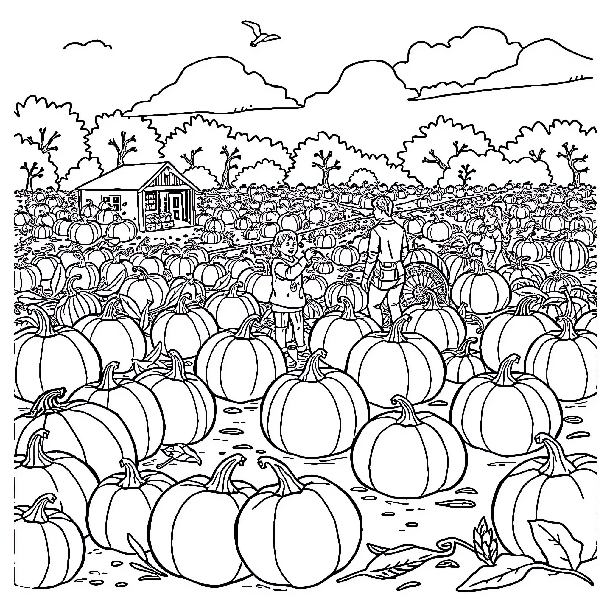 Pumpkin Patch with Rustic Cabin Coloring Page (free black-and-white line drawing printable PDF for all, from beginners to advanced learners, including children, teens, adults, and seniors)