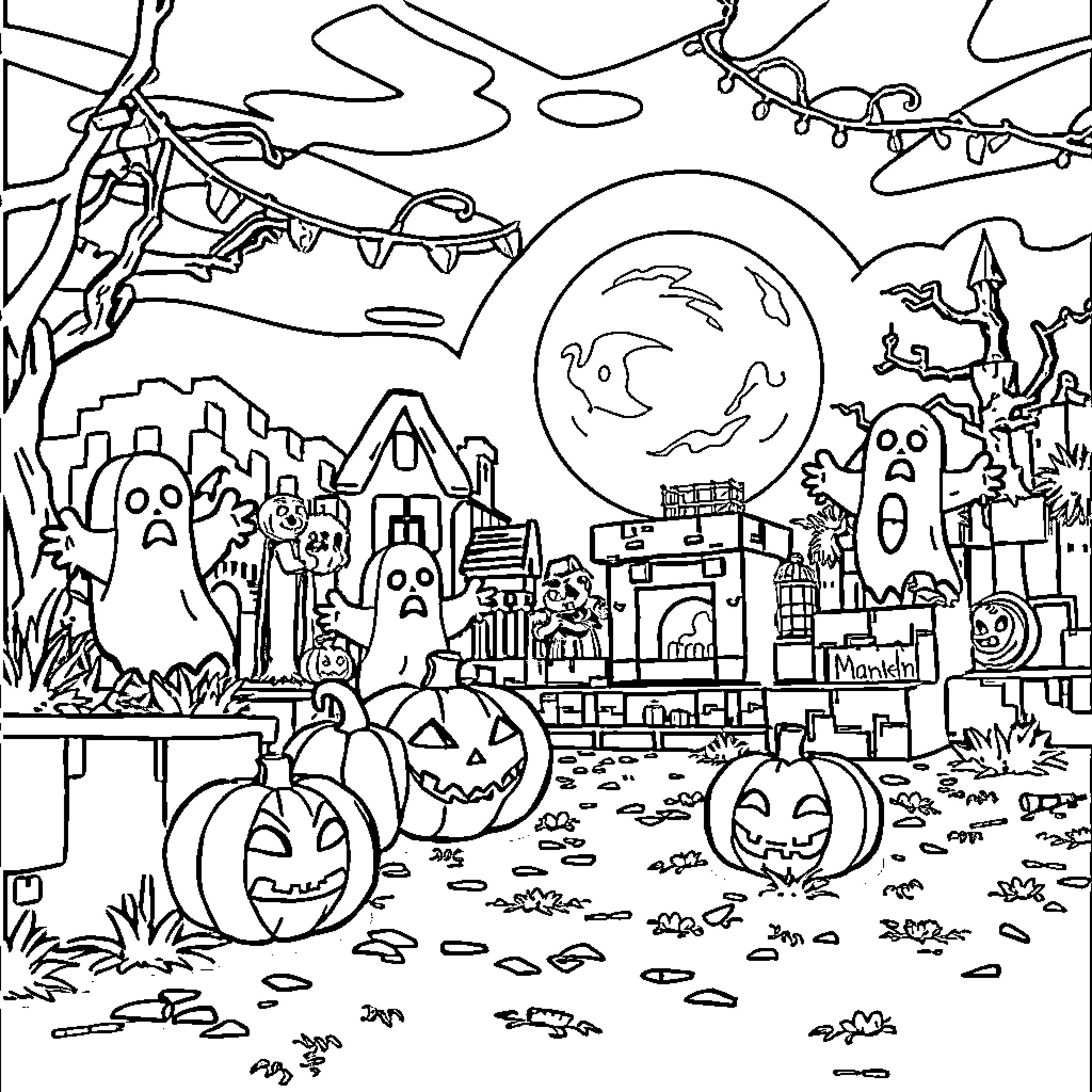 Minecraft Halloween Night Scene with Spooky Characters Coloring Page (free black-and-white line drawing printable PDF for all, from beginners to advanced learners, including children, teens, adults, and seniors)