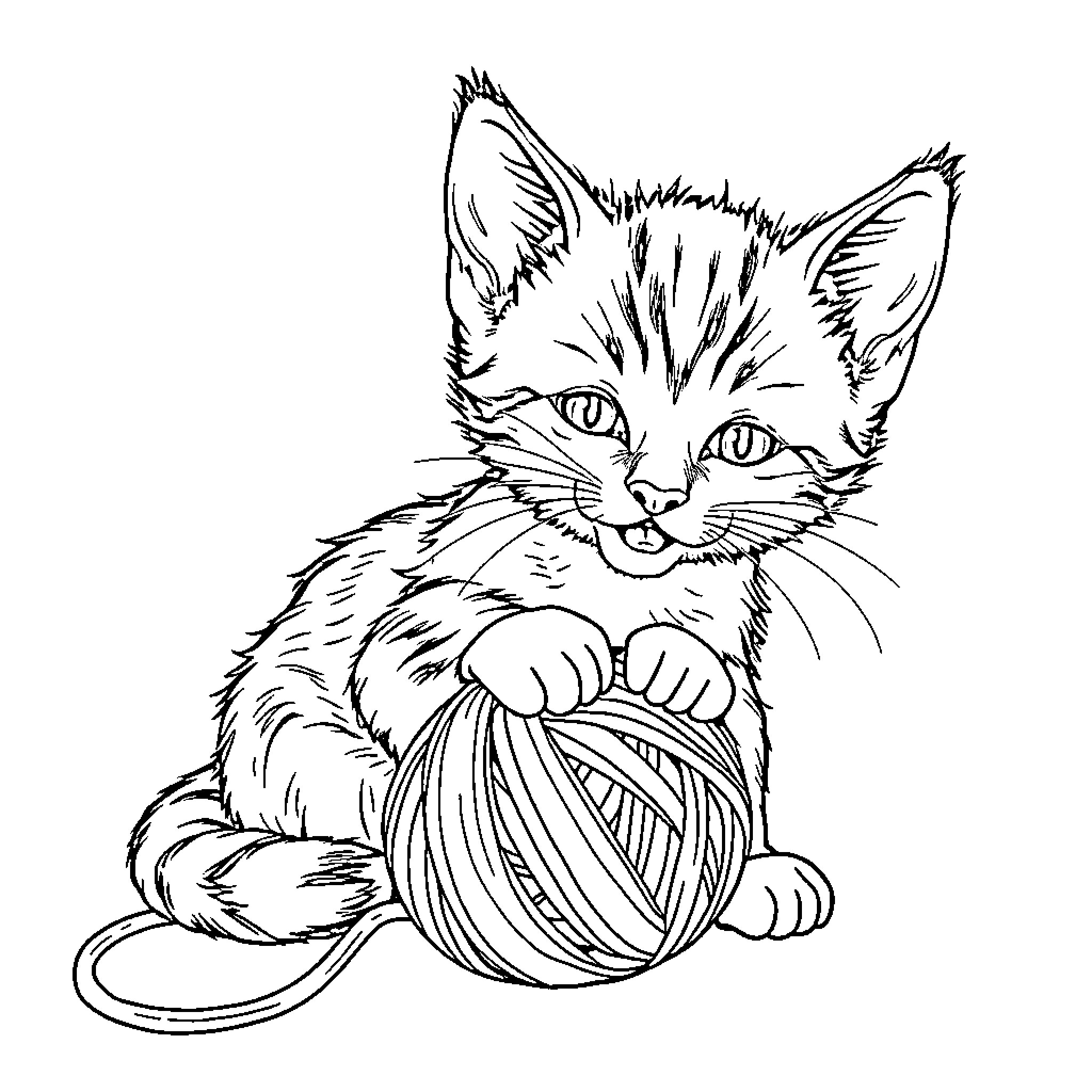 Kitten playing with yarn ball Coloring Page (free black-and-white line drawing printable PDF for all, from beginners to advanced learners, including children, teens, adults, and seniors)