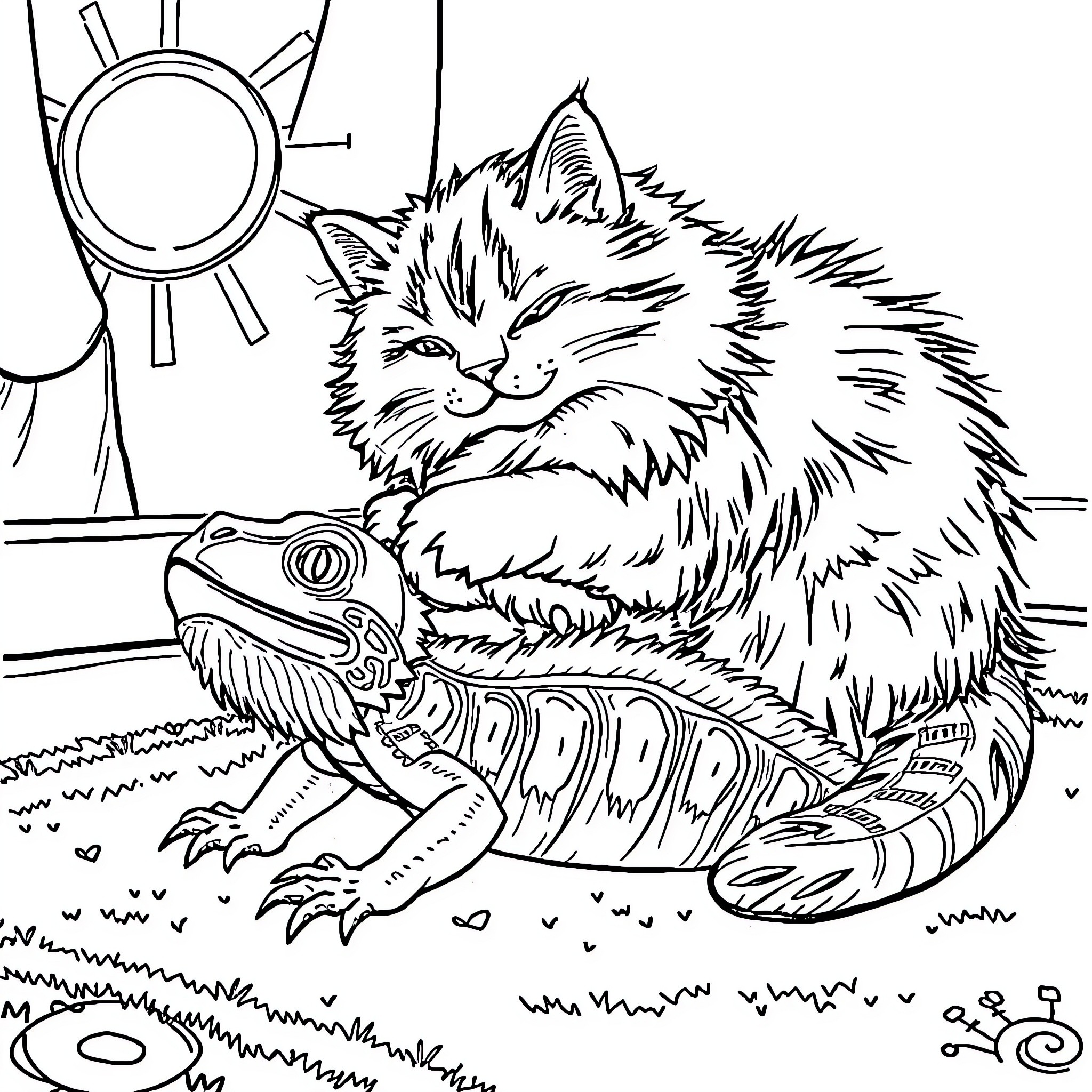 Cat Cuddling with Reptile Companion Coloring Page (free black-and-white line drawing printable PDF for all, from beginners to advanced learners, including children, teens, adults, and seniors)