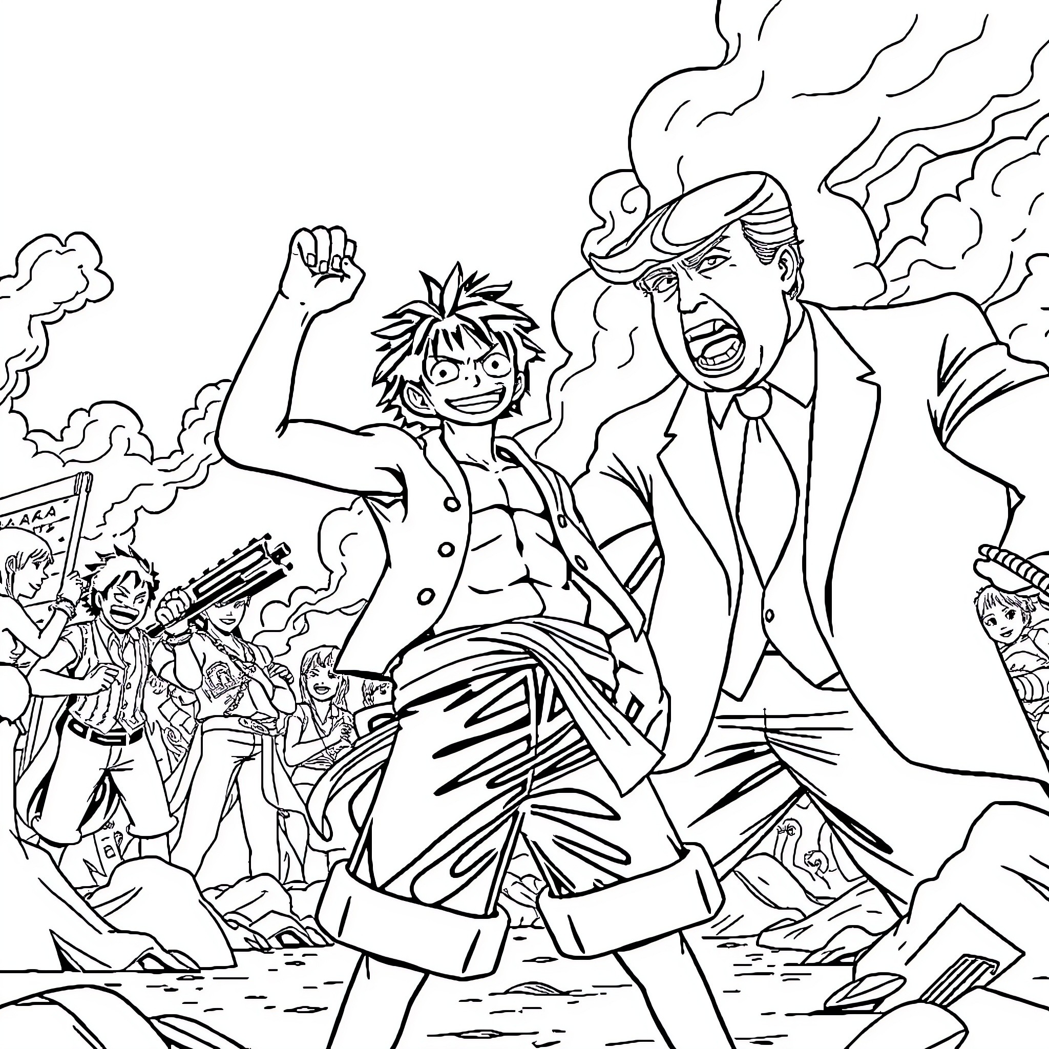 Luffy's Triumphant Rebellion Against Authority Coloring Page (free black-and-white line drawing printable PDF for all, from beginners to advanced learners, including children, teens, adults, and seniors)