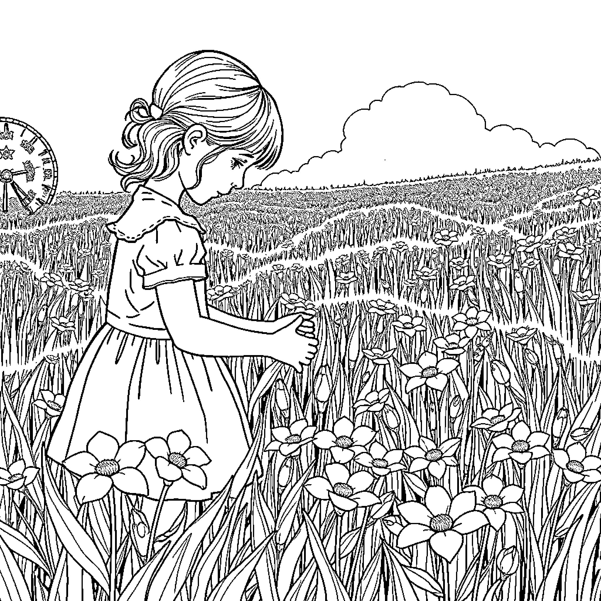 Girl exploring a field of flowers in nature Coloring Page (free black-and-white line drawing printable PDF for all, from beginners to advanced learners, including children, teens, adults, and seniors)