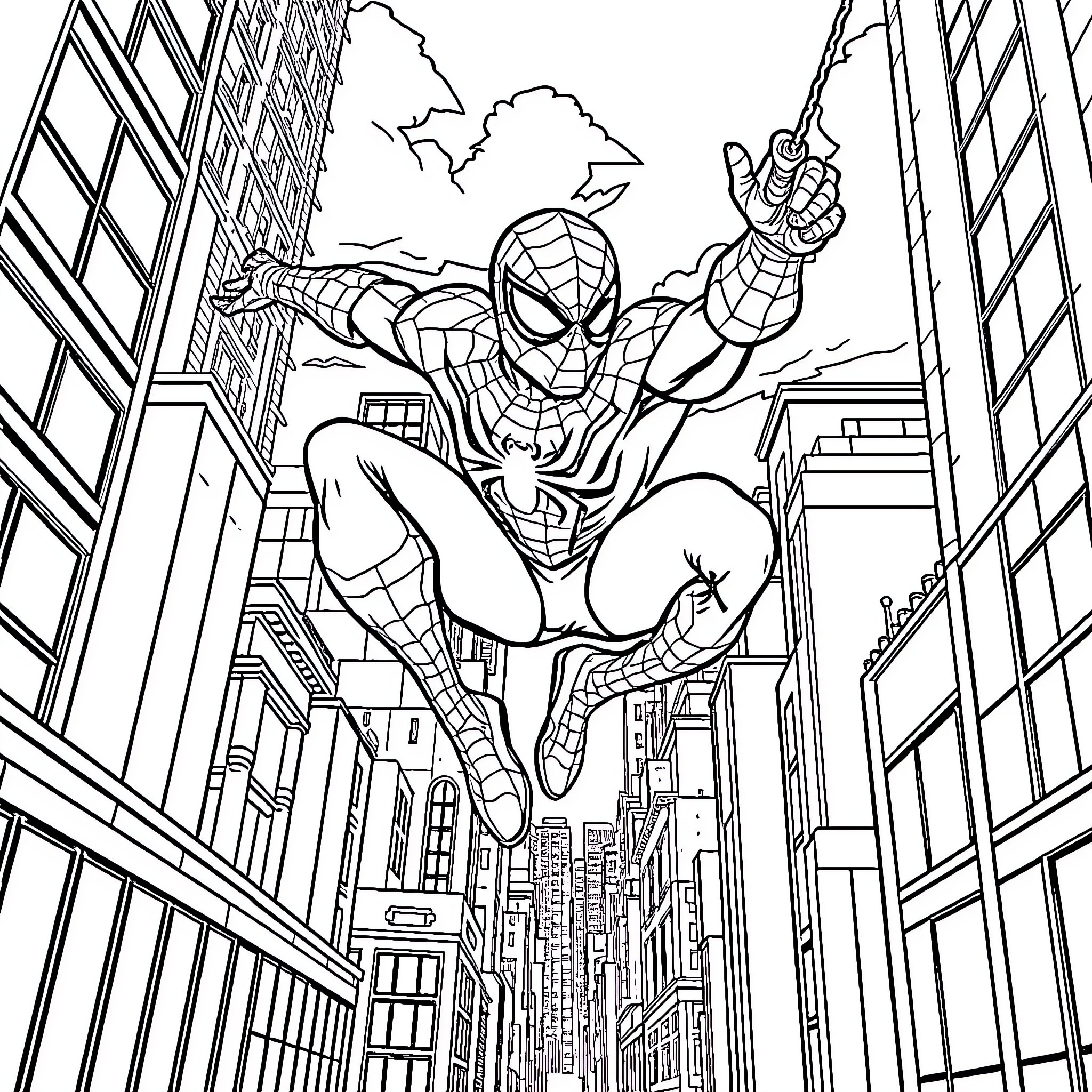 Spiderman swinging through the city skyline Coloring Page (free black-and-white line drawing printable PDF for all, from beginners to advanced learners, including children, teens, adults, and seniors)