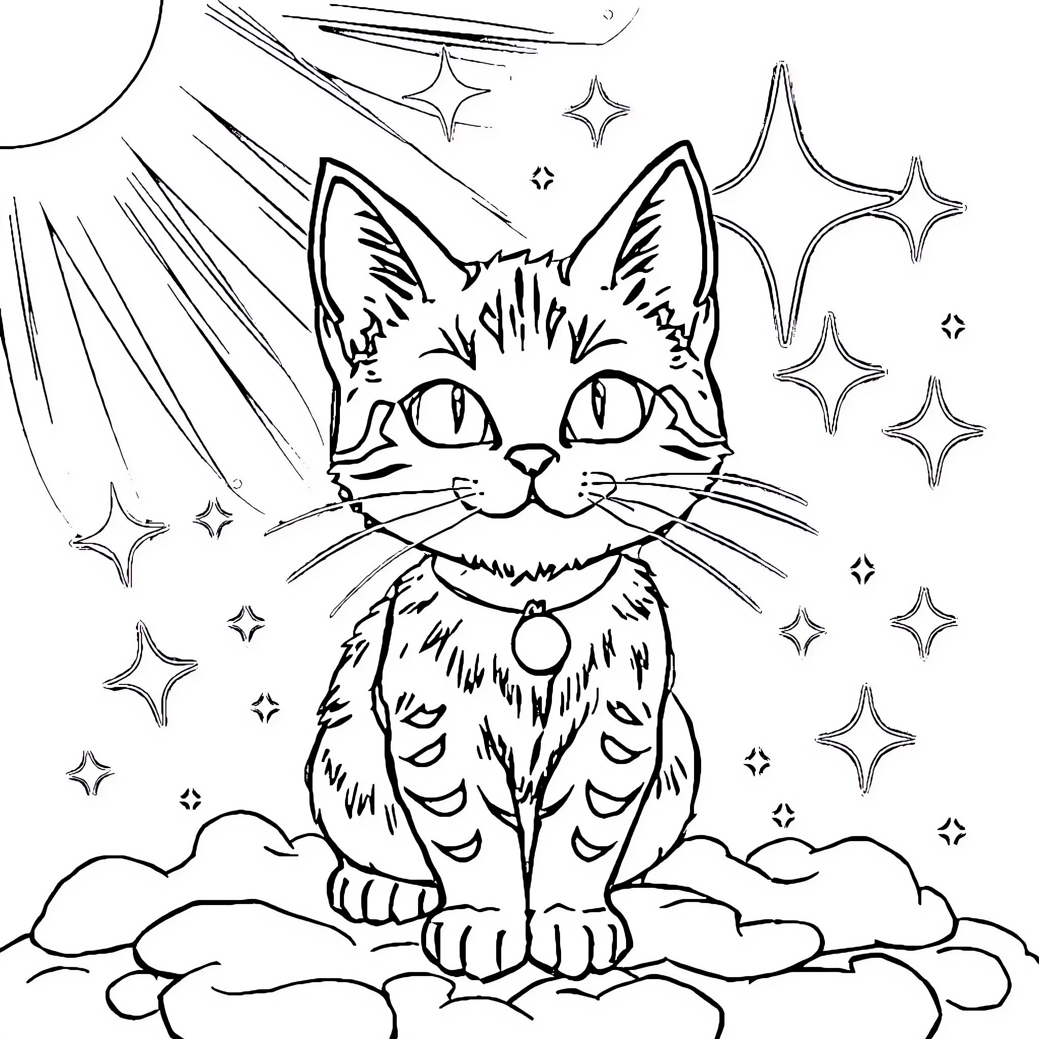 Cat exploring the starry night sky Coloring Page (free black-and-white line drawing printable PDF for all, from beginners to advanced learners, including children, teens, adults, and seniors)
