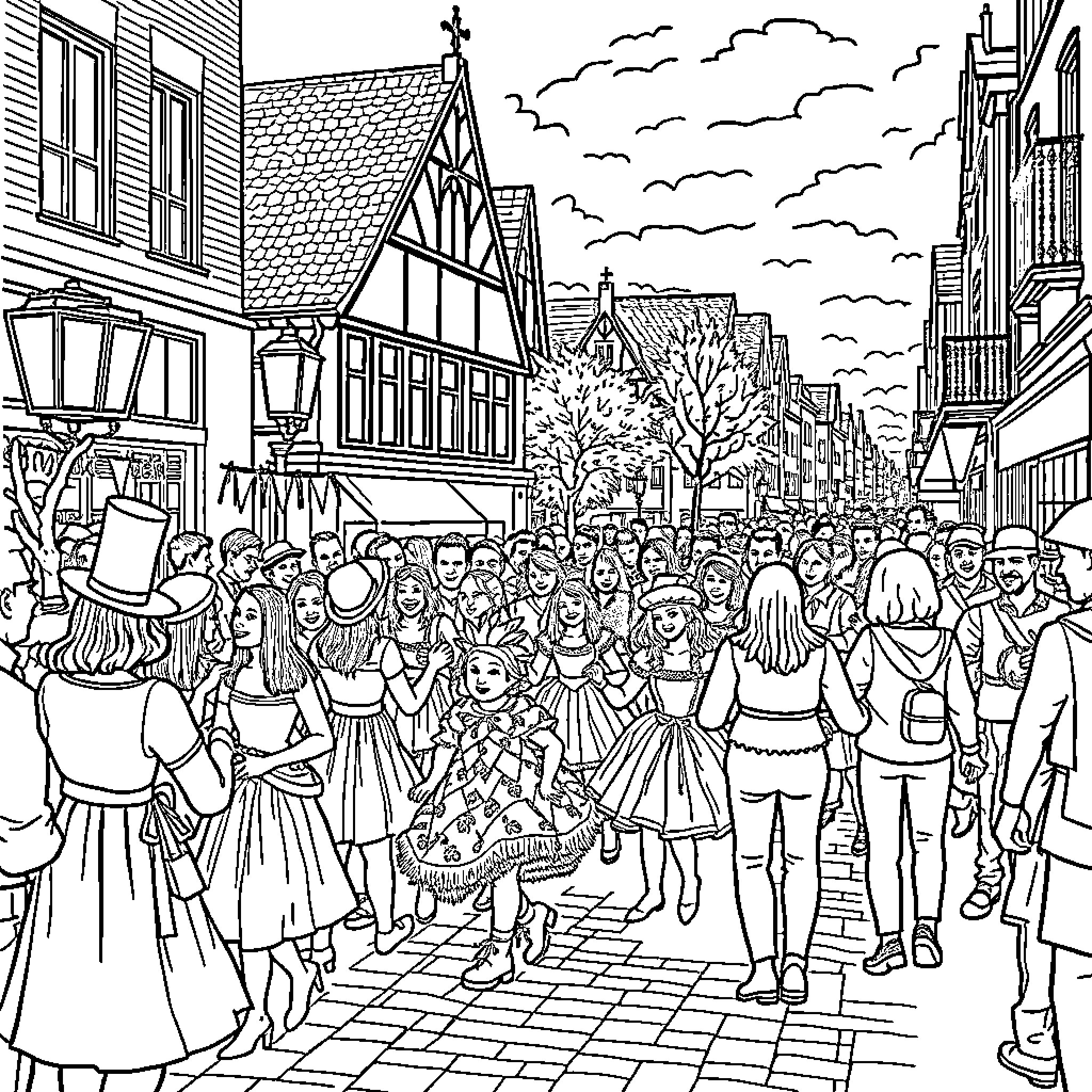 Carnaval Parade in a Quaint Town Coloring Page (free black-and-white line drawing printable PDF for all, from beginners to advanced learners, including children, teens, adults, and seniors)