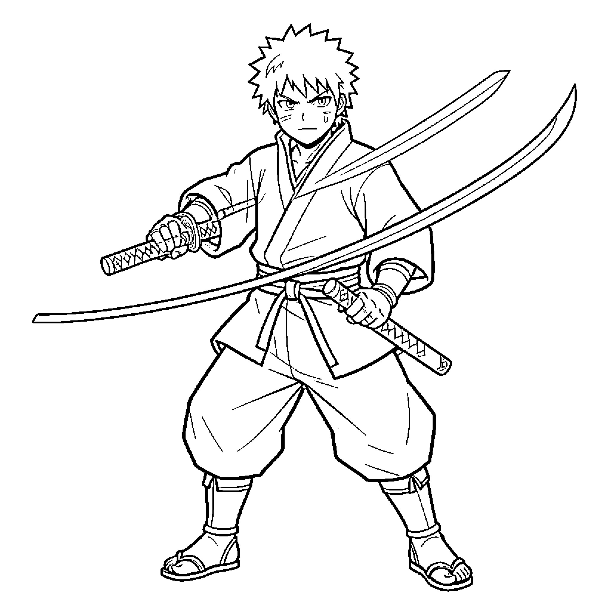 Tonjiro wielding two swords with a determined expression Coloring Page (free black-and-white line drawing printable PDF for all, from beginners to advanced learners, including children, teens, adults, and seniors)
