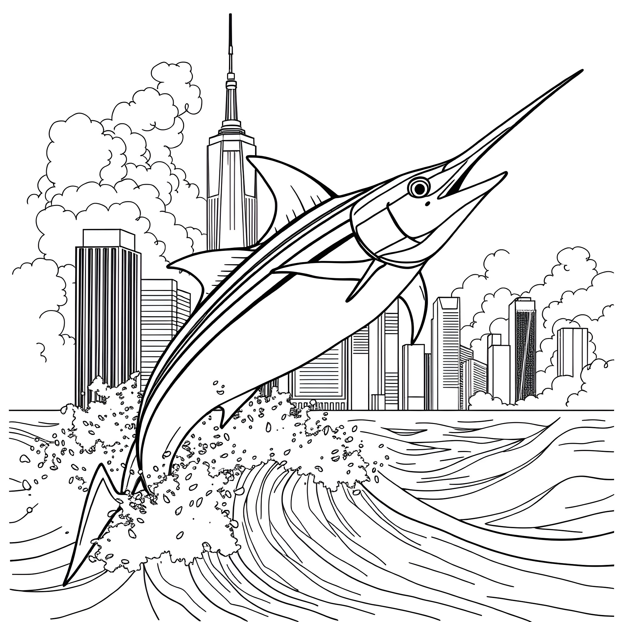 Marlin leaping through the city skyline Coloring Page (free black-and-white line drawing printable PDF for all, from beginners to advanced learners, including children, teens, adults, and seniors)