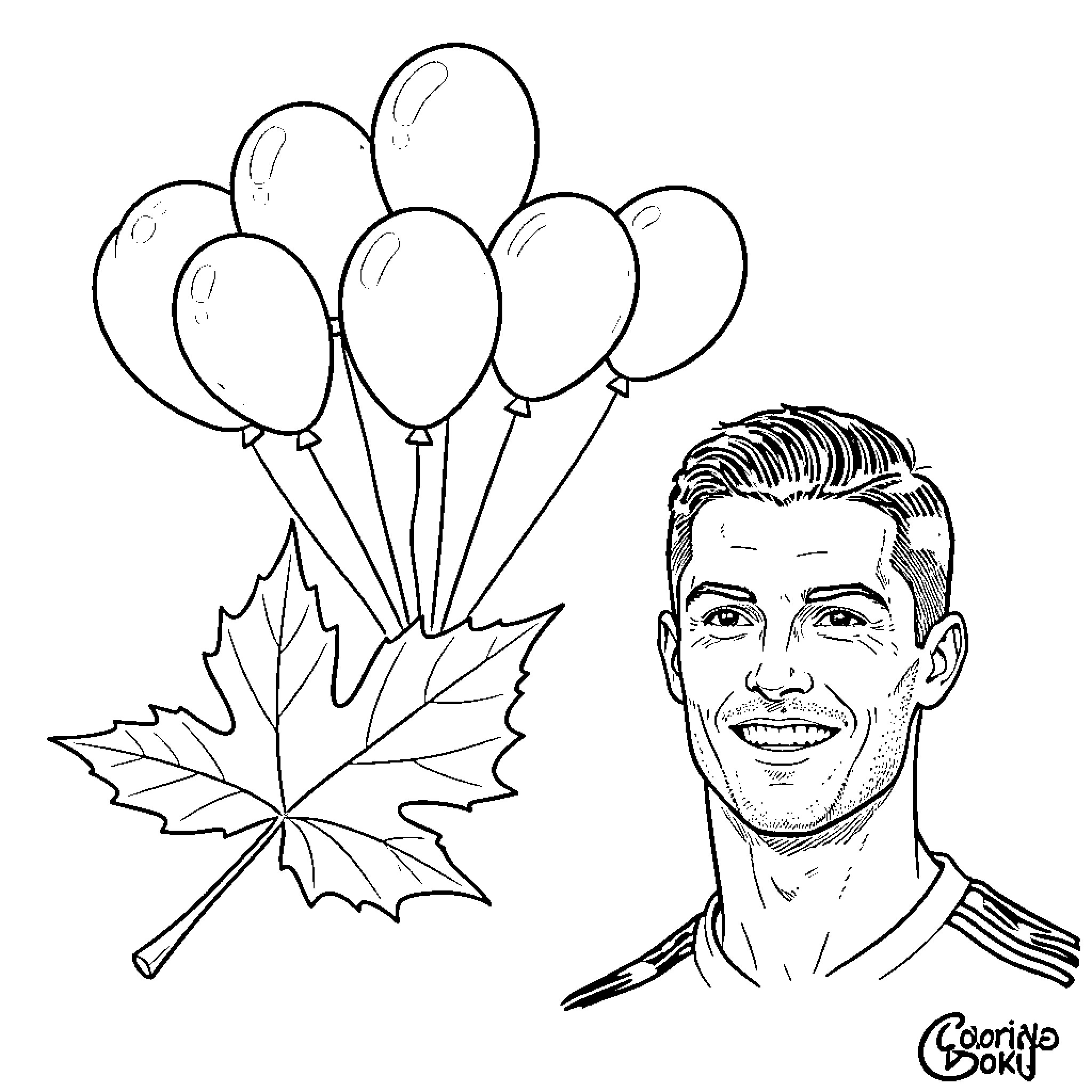 Cristiano Ronaldo smiling next to balloons and a leaf Coloring Page (free black-and-white line drawing printable PDF for all, from beginners to advanced learners, including children, teens, adults, and seniors)