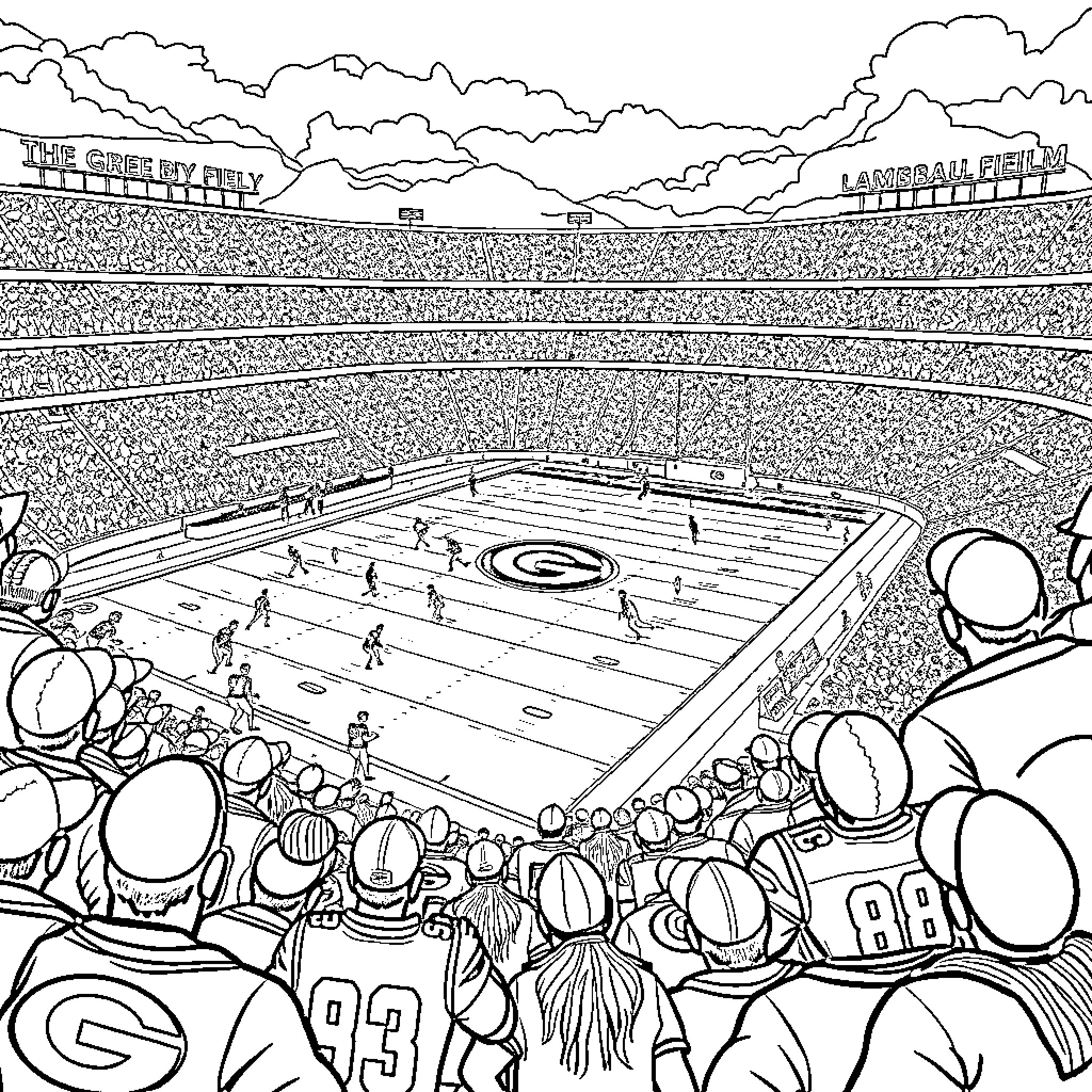 Green Bay Packers Players on the Field in a Stadium Coloring Page (free black-and-white line drawing printable PDF for all, from beginners to advanced learners, including children, teens, adults, and seniors)