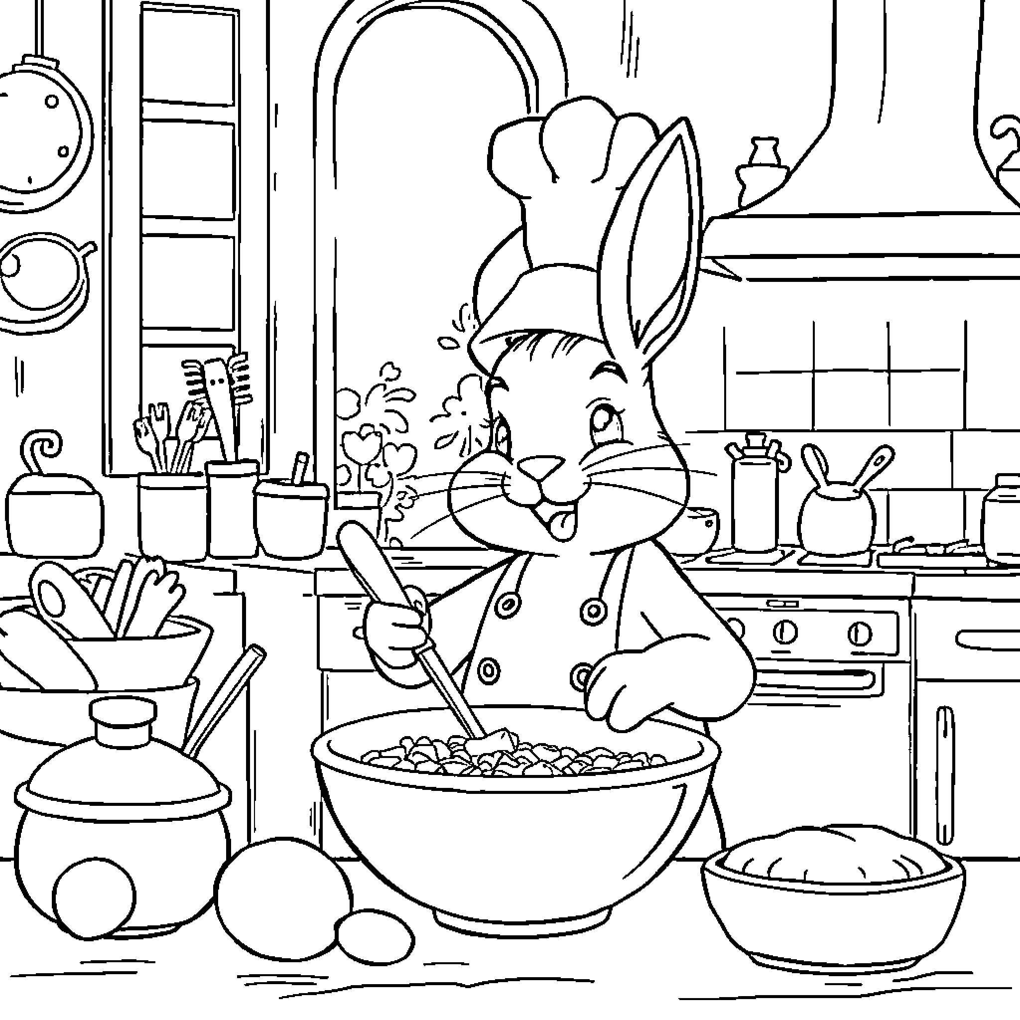 Bunny baking treats in the kitchen Coloring Page (free black-and-white line drawing printable PDF for all, from beginners to advanced learners, including children, teens, adults, and seniors)