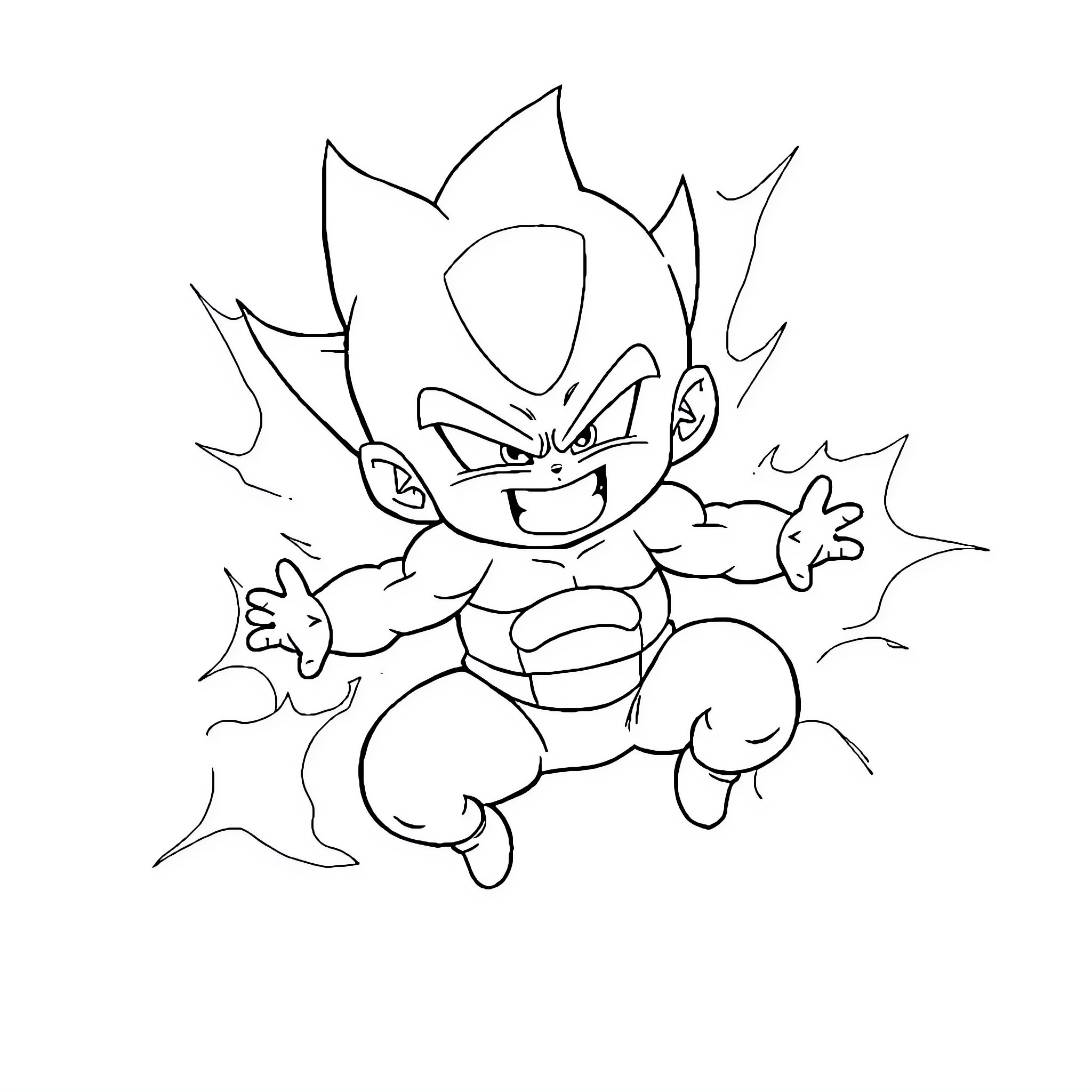 Kid Buu unleashing energy blast in action Coloring Page (free black-and-white line drawing printable PDF for all, from beginners to advanced learners, including children, teens, adults, and seniors)