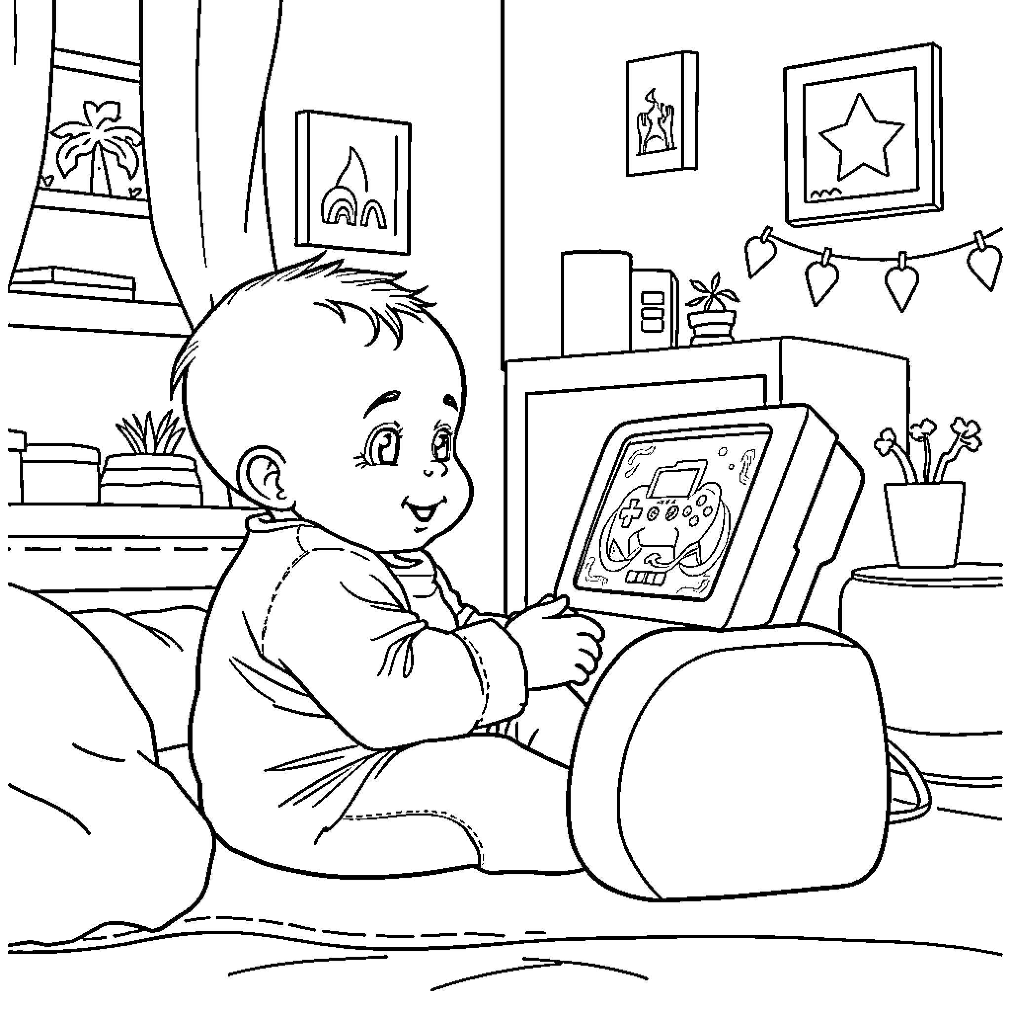 Baby playing video game at home Coloring Page (free black-and-white line drawing printable PDF for all, from beginners to advanced learners, including children, teens, adults, and seniors)