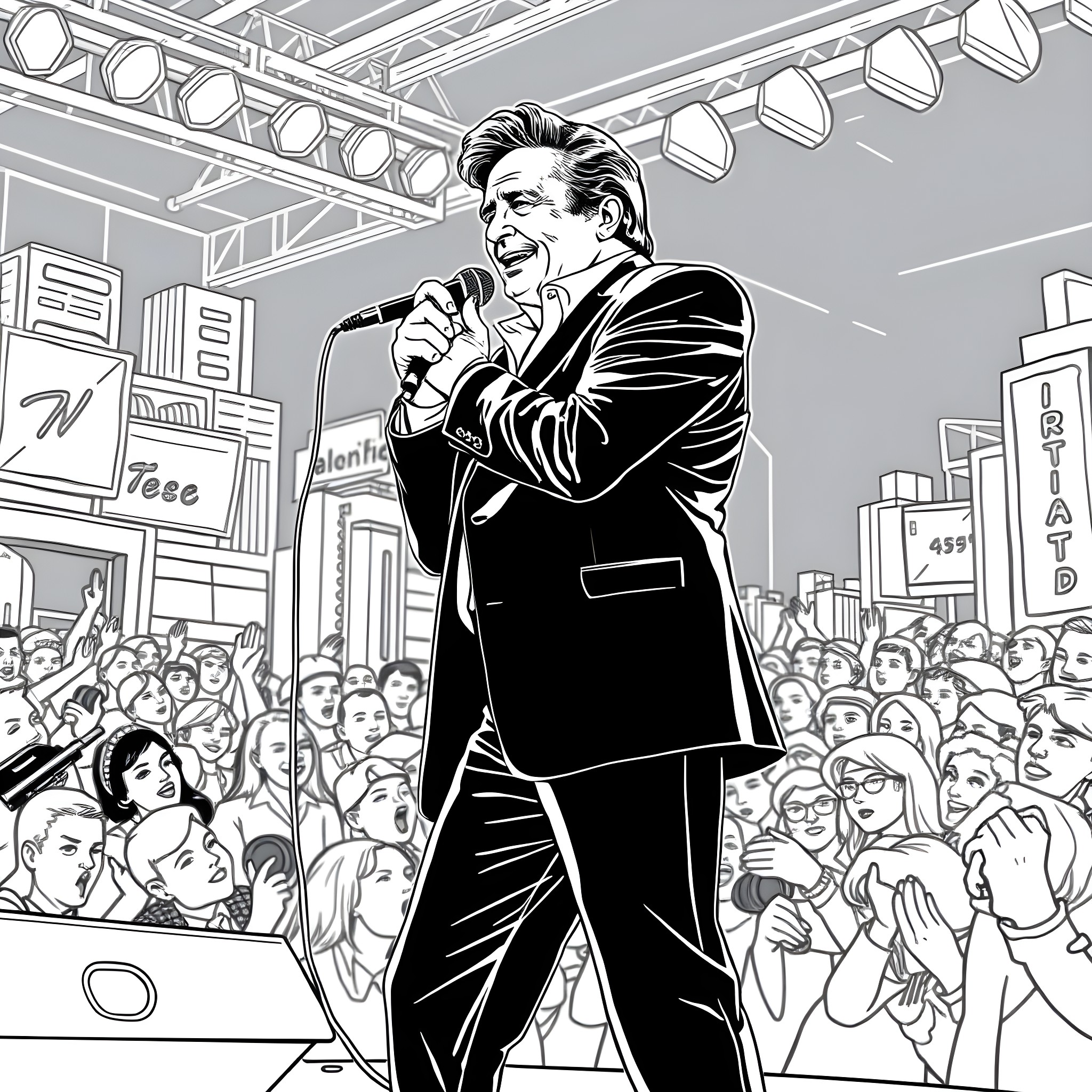 Johnny Cash captivating the crowd with his powerful performance Coloring Page (free black-and-white line drawing printable PDF for all, from beginners to advanced learners, including children, teens, adults, and seniors)