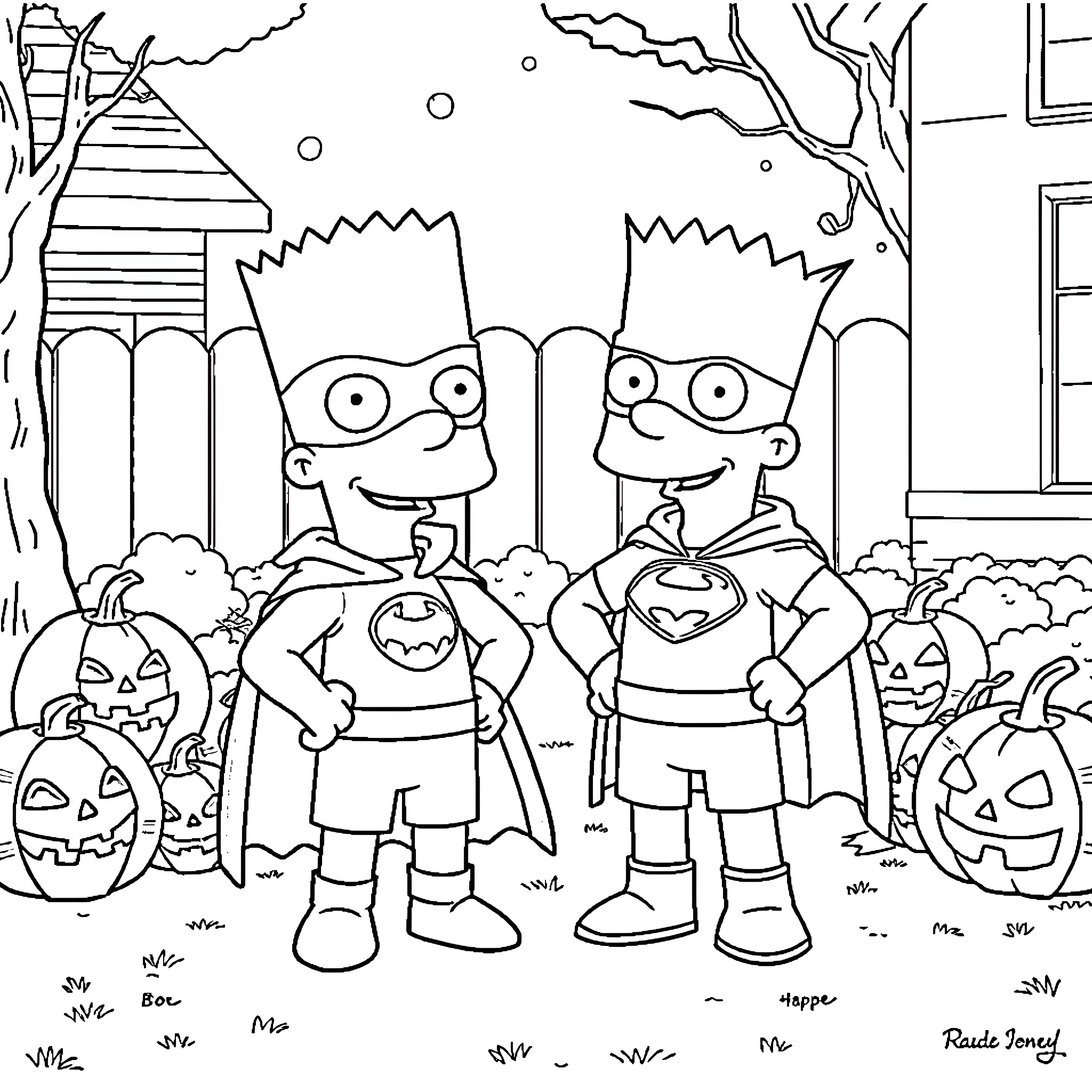 Bart Simpson and friends celebrate Halloween Coloring Page (free black-and-white line drawing printable PDF for all, from beginners to advanced learners, including children, teens, adults, and seniors)