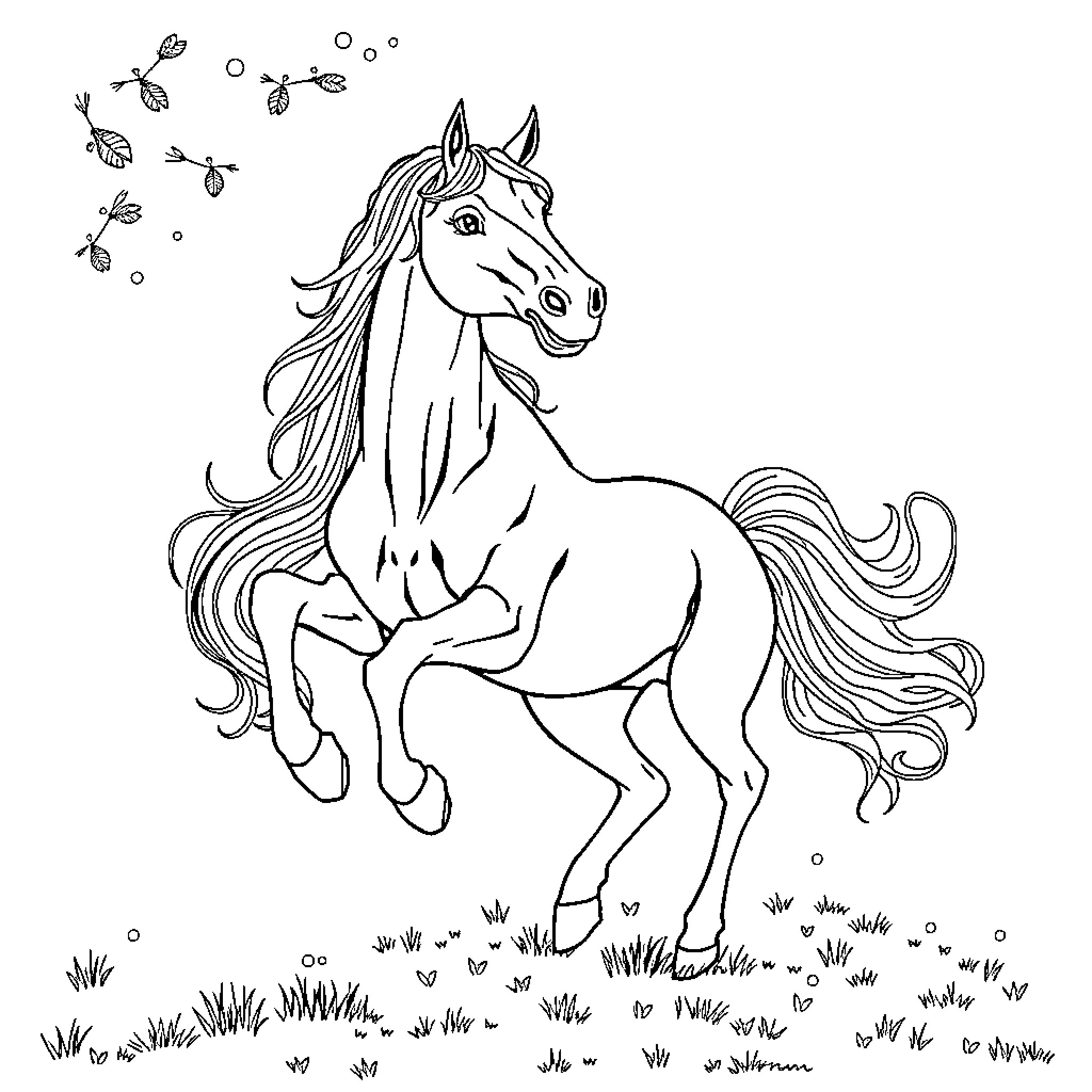 Horse galloping through a meadow with butterflies Coloring Page (free black-and-white line drawing printable PDF for all, from beginners to advanced learners, including children, teens, adults, and seniors)