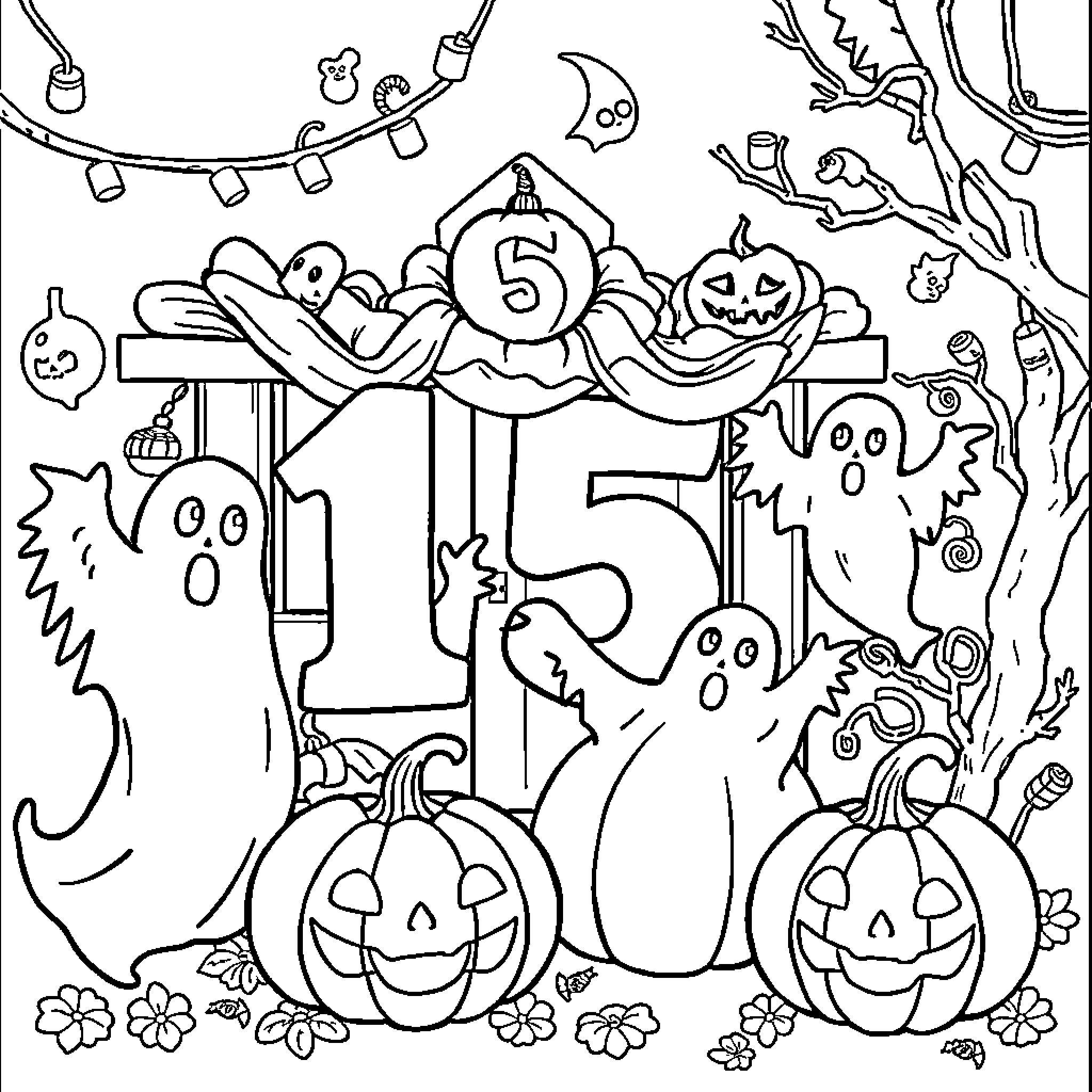 Halloween Ghosts, Pumpkins, and Carousel Celebration Coloring Page (free black-and-white line drawing printable PDF for all, from beginners to advanced learners, including children, teens, adults, and seniors)
