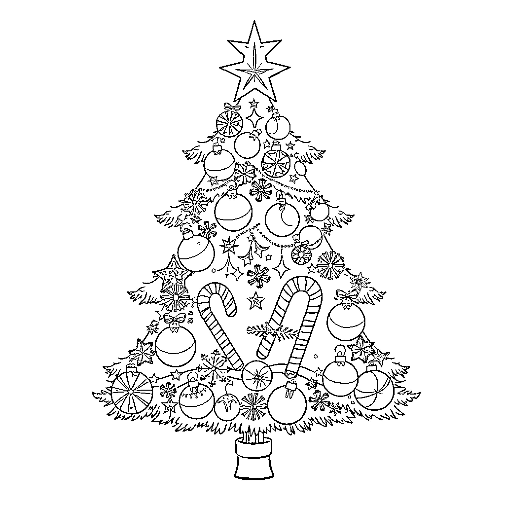 Christmas Tree Decorated with Ornaments and Candy Canes Coloring Page (free black-and-white line drawing printable PDF for all, from beginners to advanced learners, including children, teens, adults, and seniors)