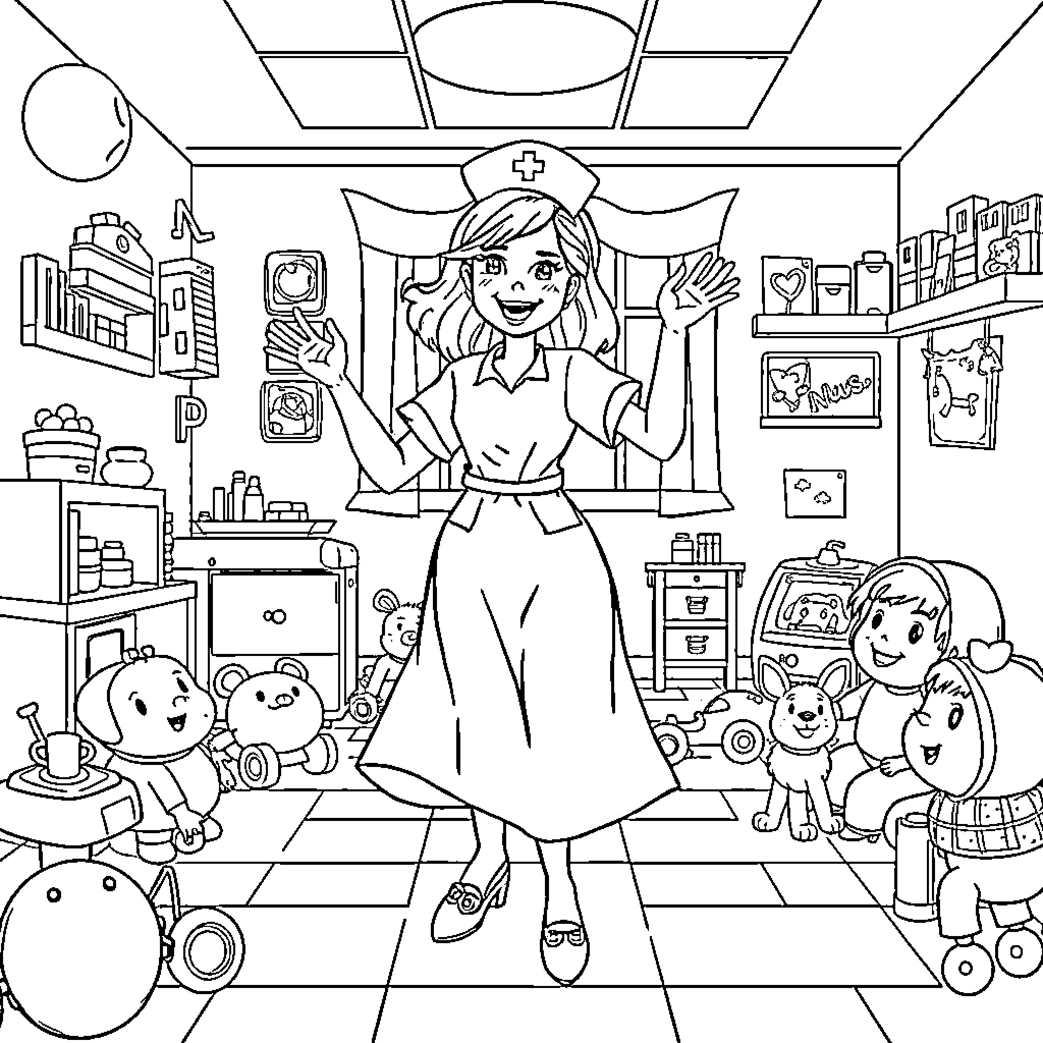 Nurse caring for patients and toys in a hospital room Coloring Page (free black-and-white line drawing printable PDF for all, from beginners to advanced learners, including children, teens, adults, and seniors)