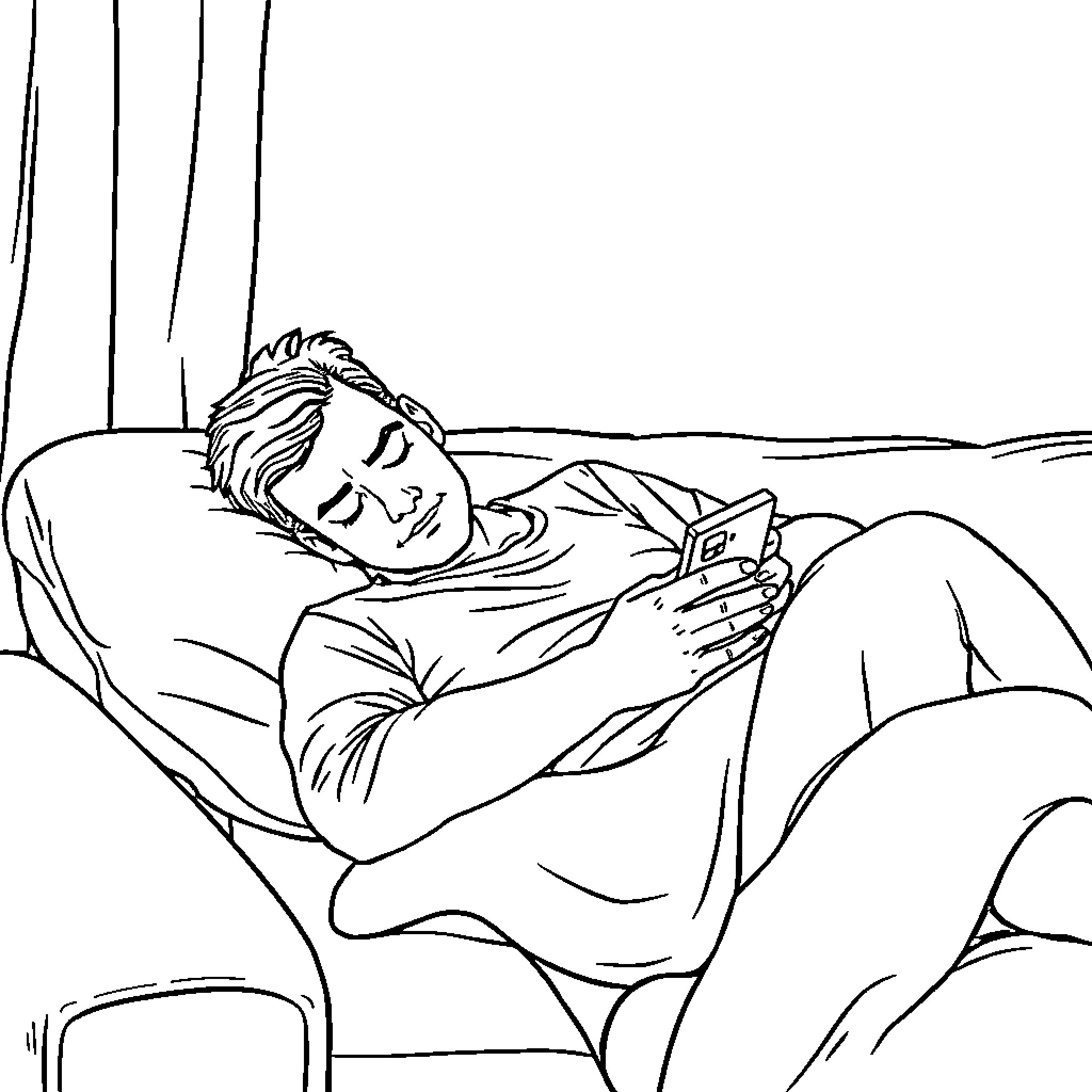 Man resting peacefully on the couch Coloring Page (free black-and-white line drawing printable PDF for all, from beginners to advanced learners, including children, teens, adults, and seniors)