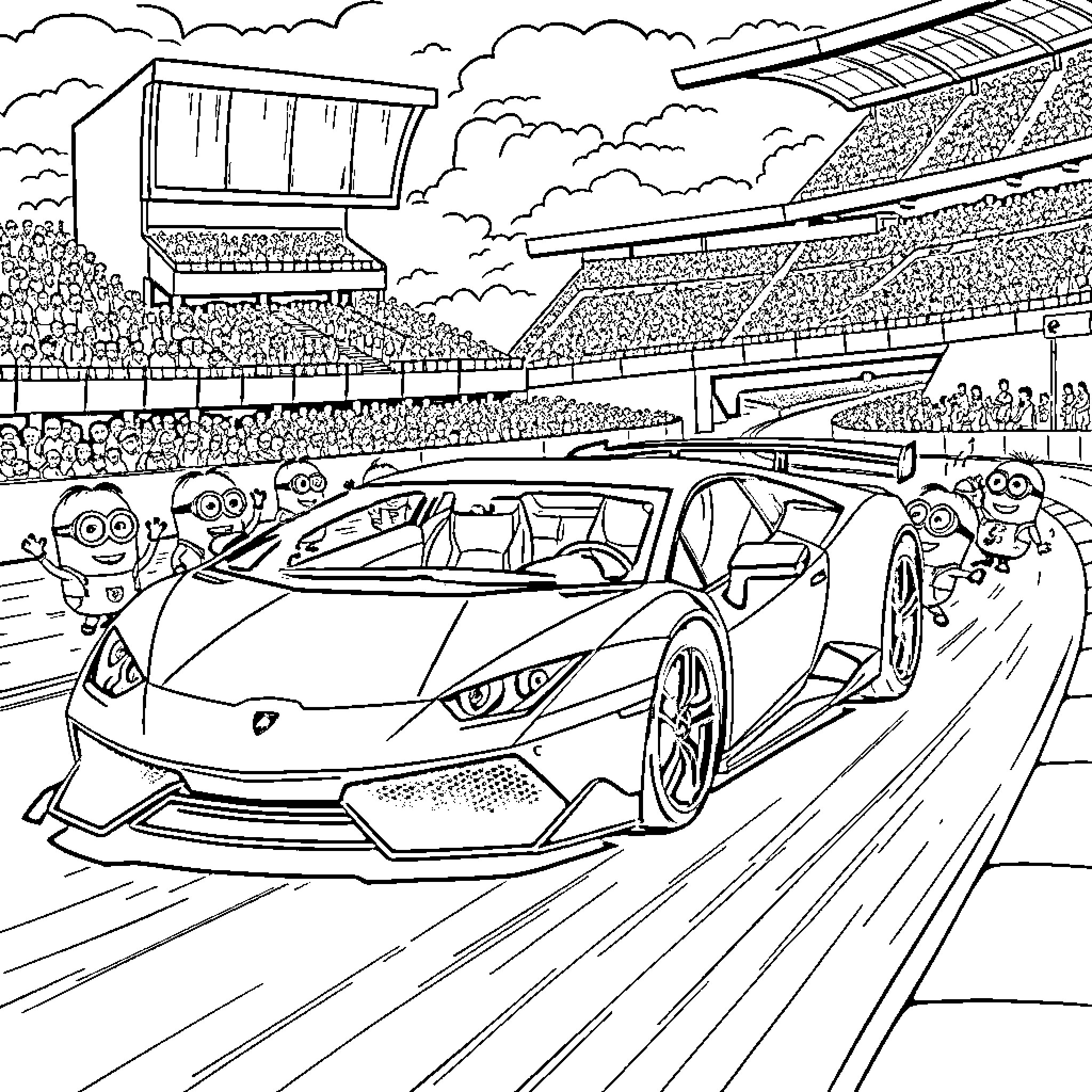 Lamborghini racing on the track with cheering crowd Coloring Page (free black-and-white line drawing printable PDF for all, from beginners to advanced learners, including children, teens, adults, and seniors)