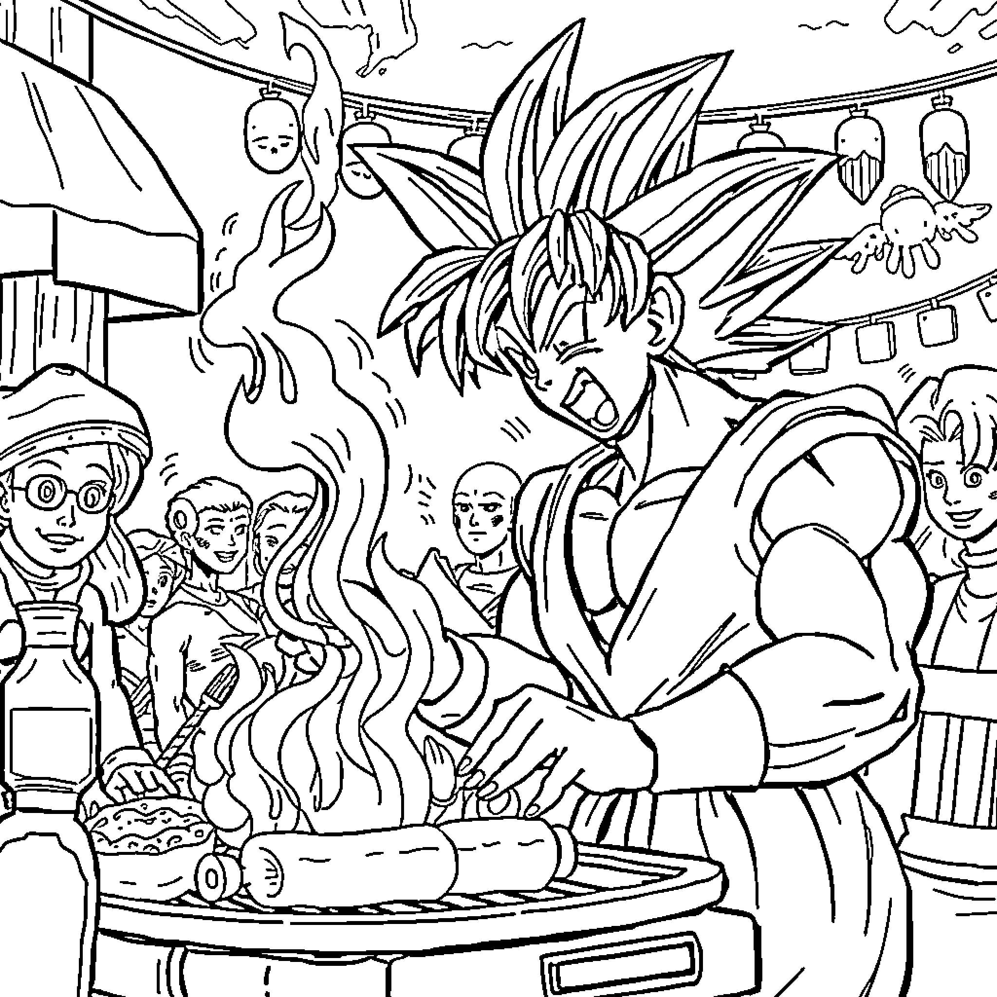 Super Sayayin Cooking Festival with Friends Coloring Page (free black-and-white line drawing printable PDF for all, from beginners to advanced learners, including children, teens, adults, and seniors)