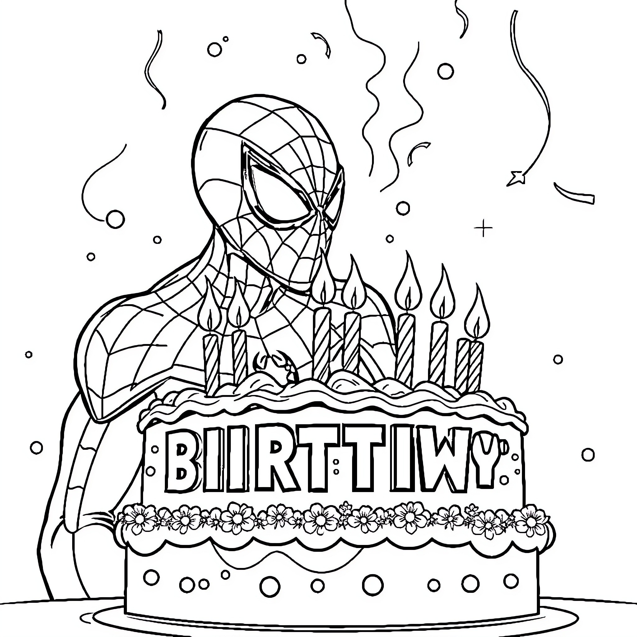 Spiderman celebrating birthday with cake and candles Coloring Page (free black-and-white line drawing printable PDF for all, from beginners to advanced learners, including children, teens, adults, and seniors)