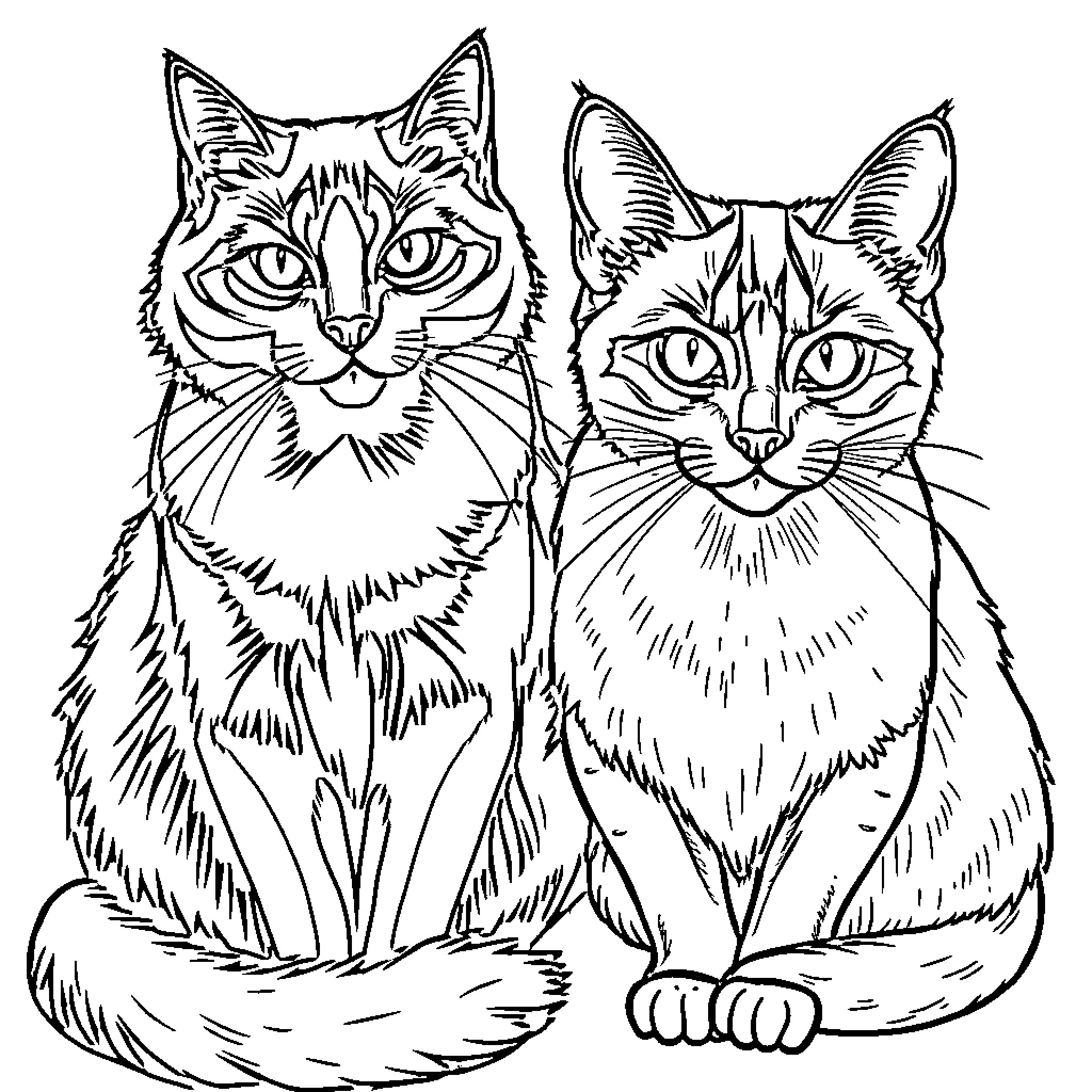 Cats posing together in black and white Coloring Page (free black-and-white line drawing printable PDF for all, from beginners to advanced learners, including children, teens, adults, and seniors)