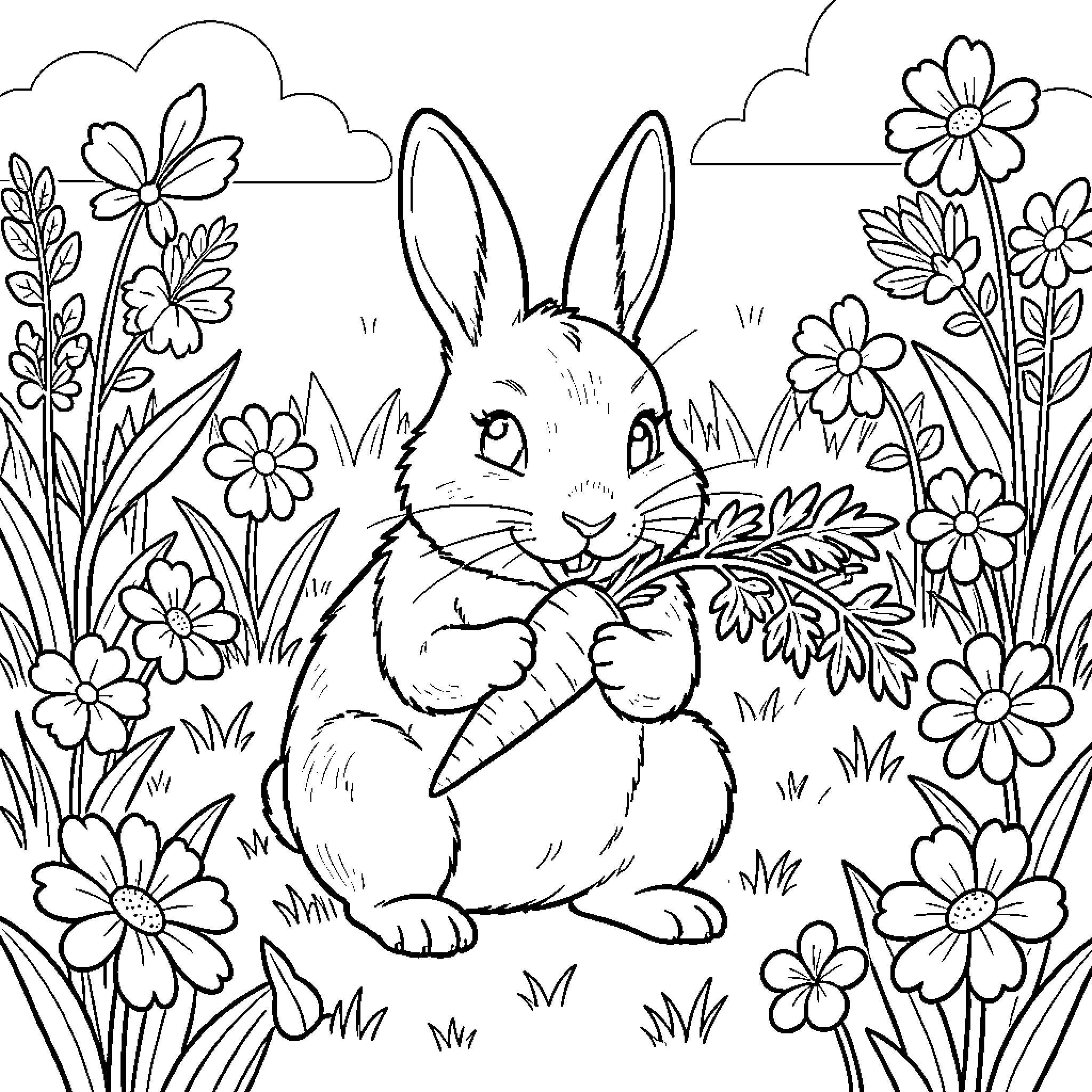 Rabbit happily eating a carrot in a flower garden Coloring Page (free black-and-white line drawing printable PDF for all, from beginners to advanced learners, including children, teens, adults, and seniors)