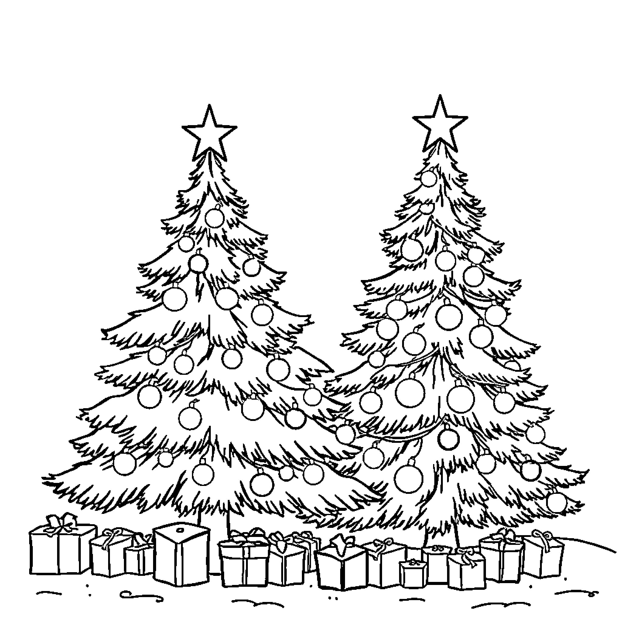 Christmas Tree with Decorated Ornaments and Presents Coloring Page (free black-and-white line drawing printable PDF for all, from beginners to advanced learners, including children, teens, adults, and seniors)