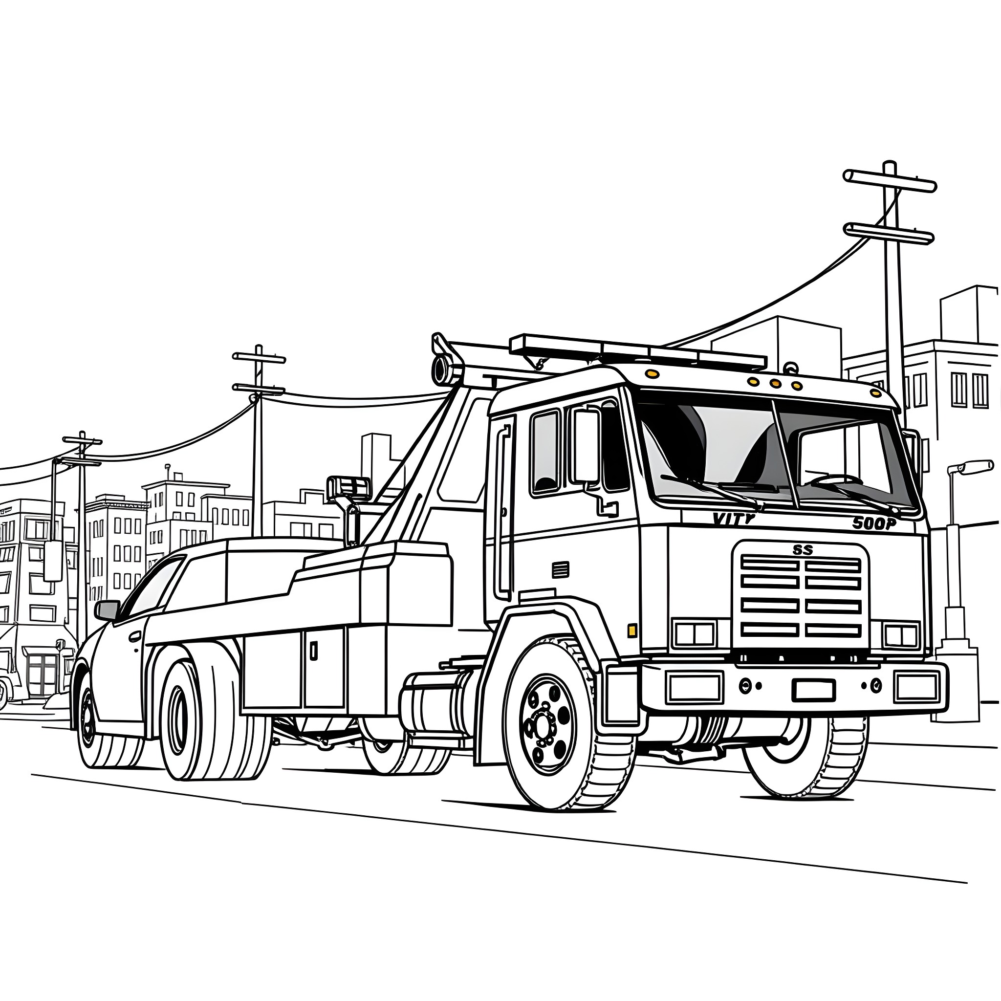 Tow Truck Assisting Disabled Vehicle on City Street Coloring Page (free black-and-white line drawing printable PDF for all, from beginners to advanced learners, including children, teens, adults, and seniors)