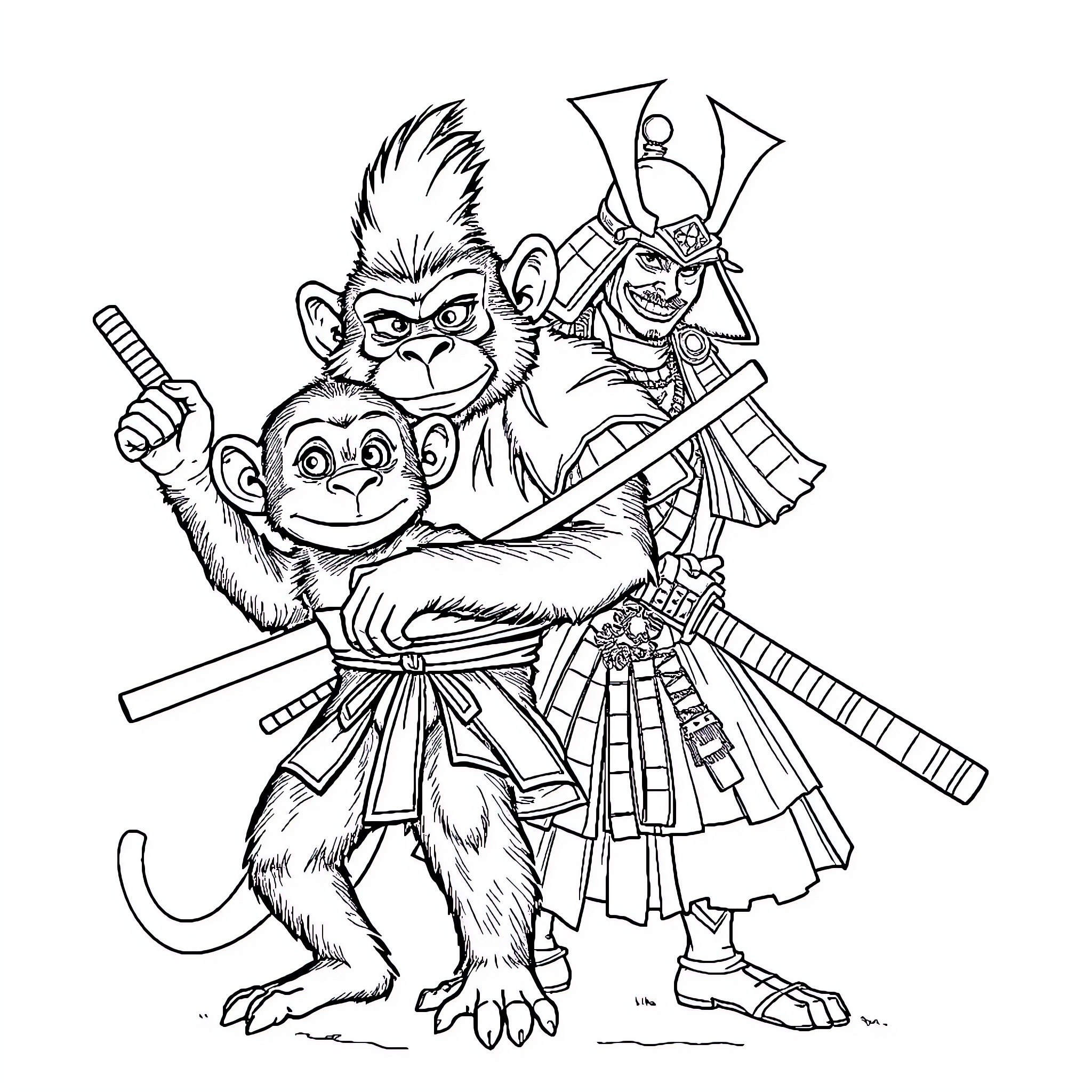 Monkey warriors in battle-ready gear Coloring Page (free black-and-white line drawing printable PDF for all, from beginners to advanced learners, including children, teens, adults, and seniors)